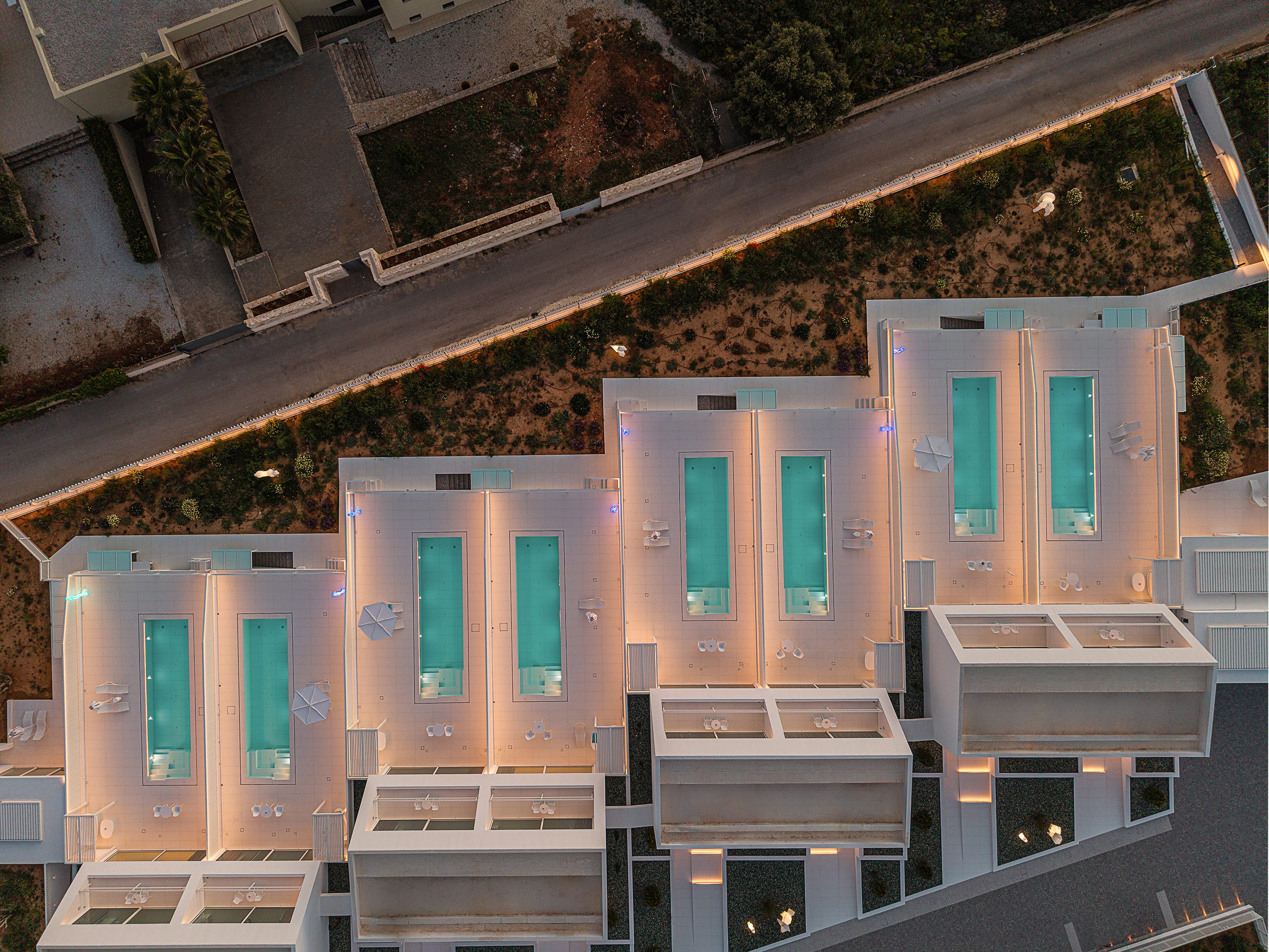 aerial view of a building with pool