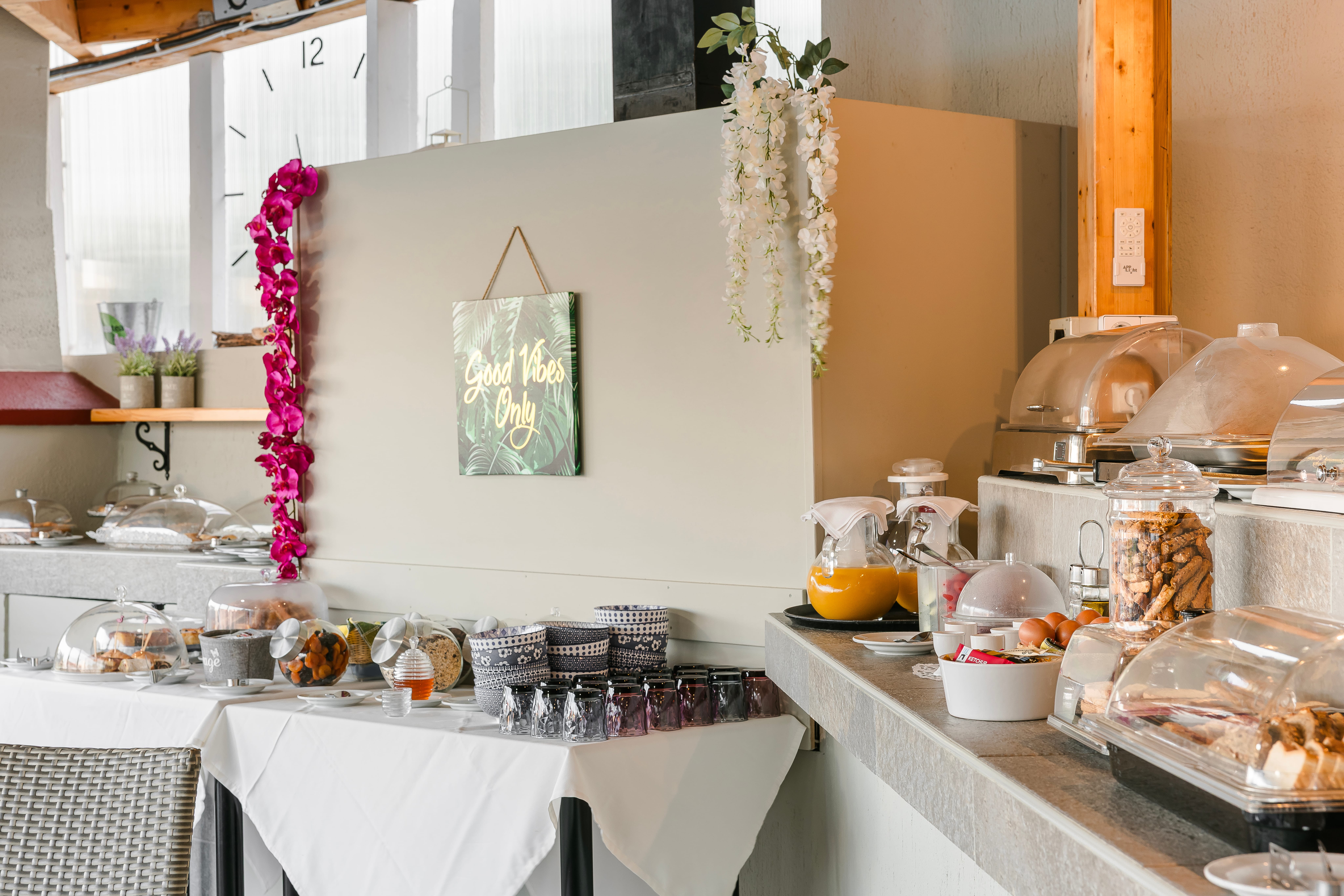 a kitchen with a table and food