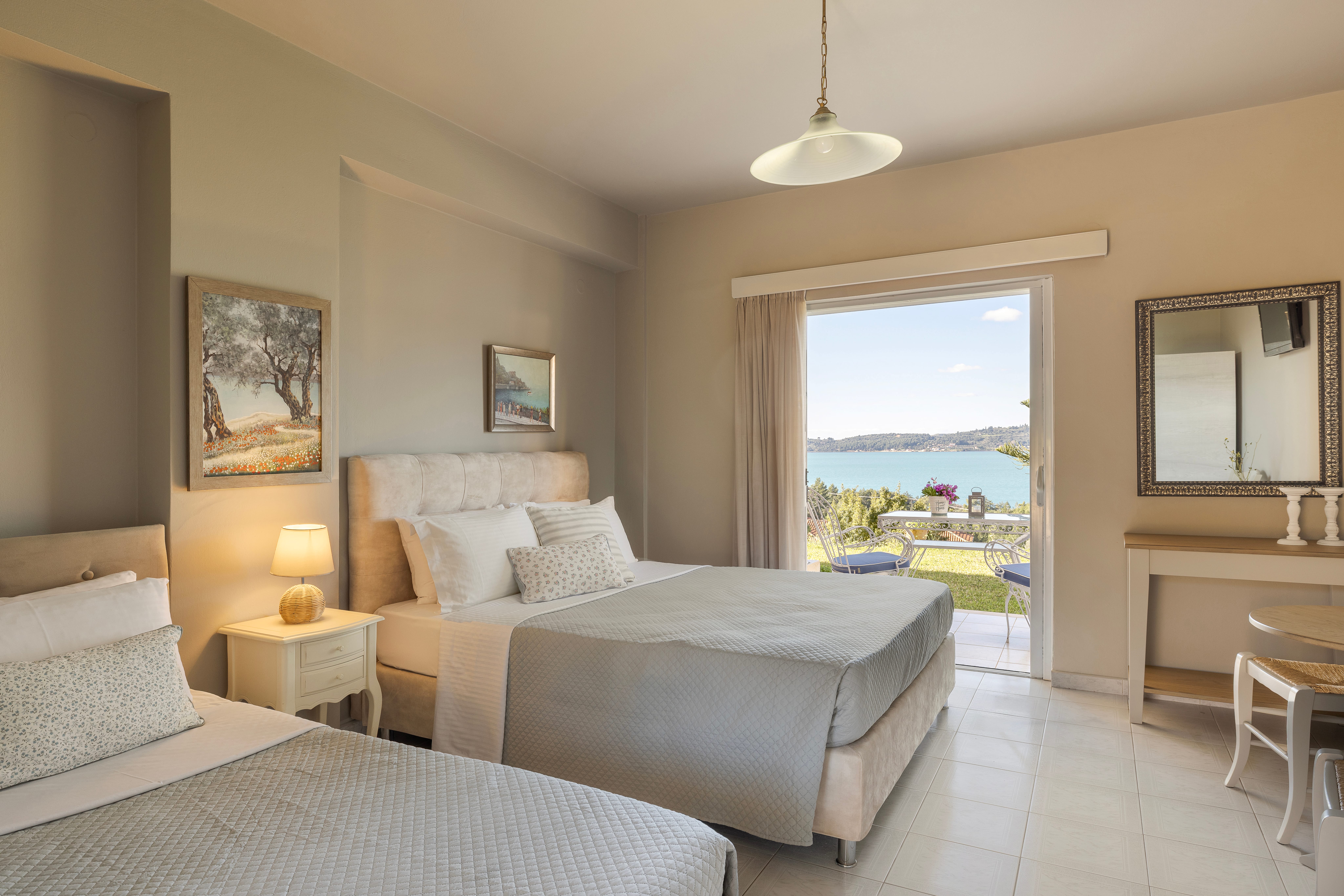 a bedroom with a large window