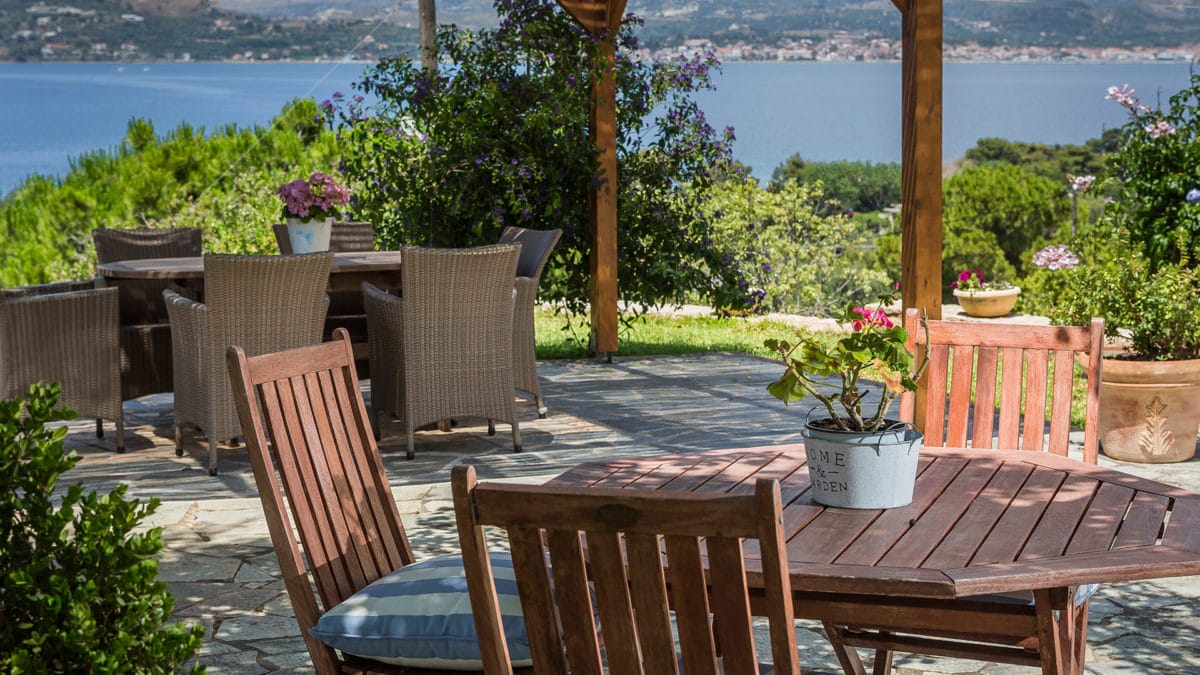 a table and chairs outside