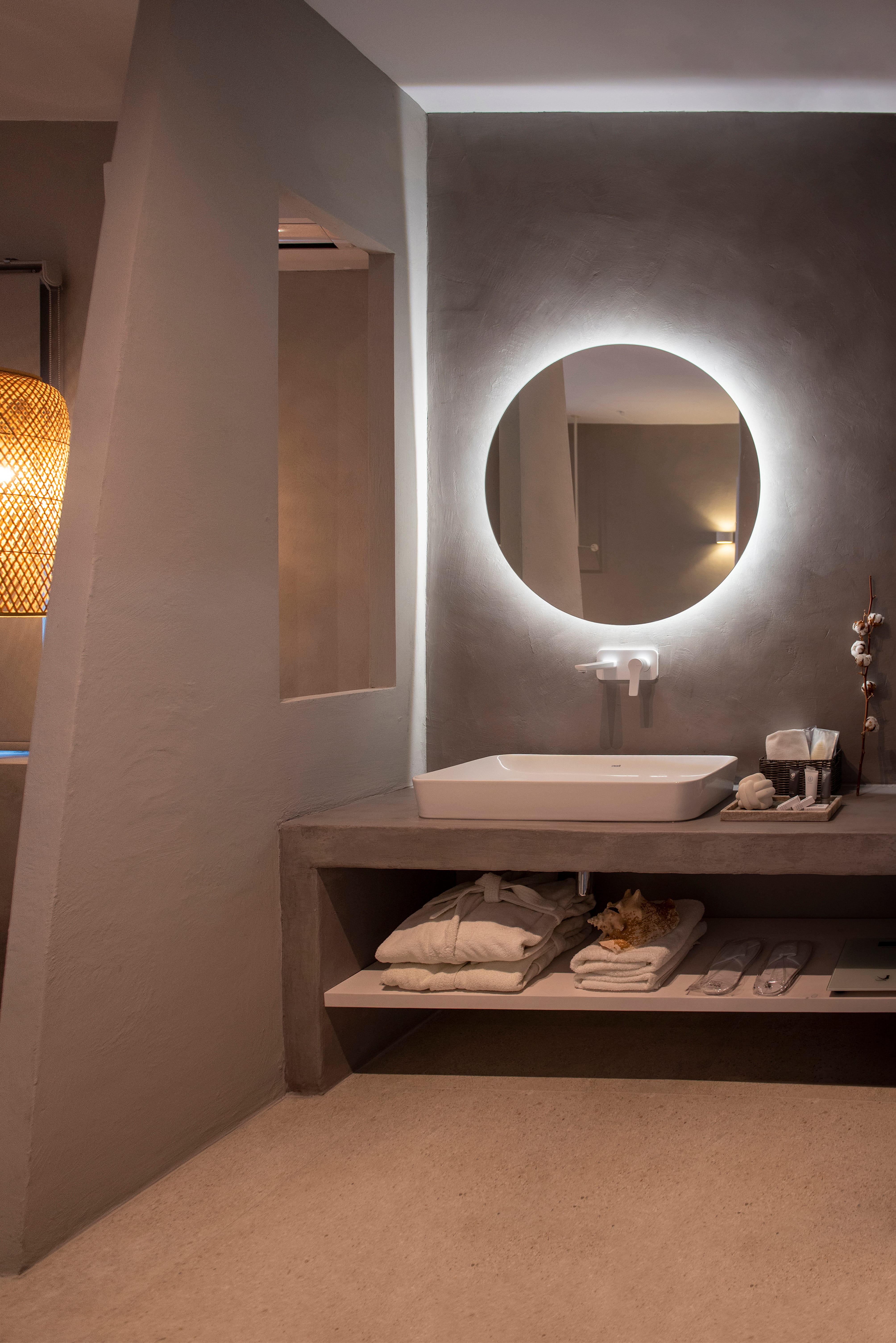 a bathroom with a large mirror