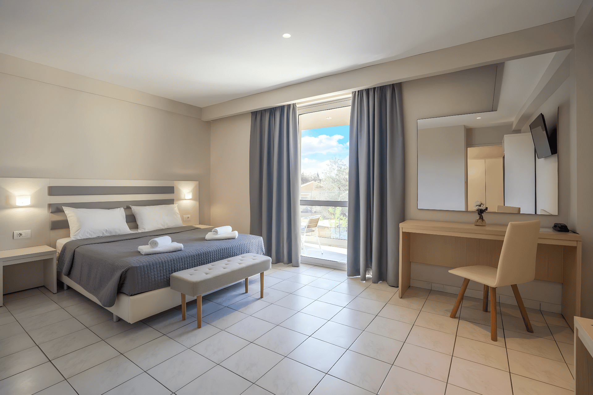 a large bedroom with a large window