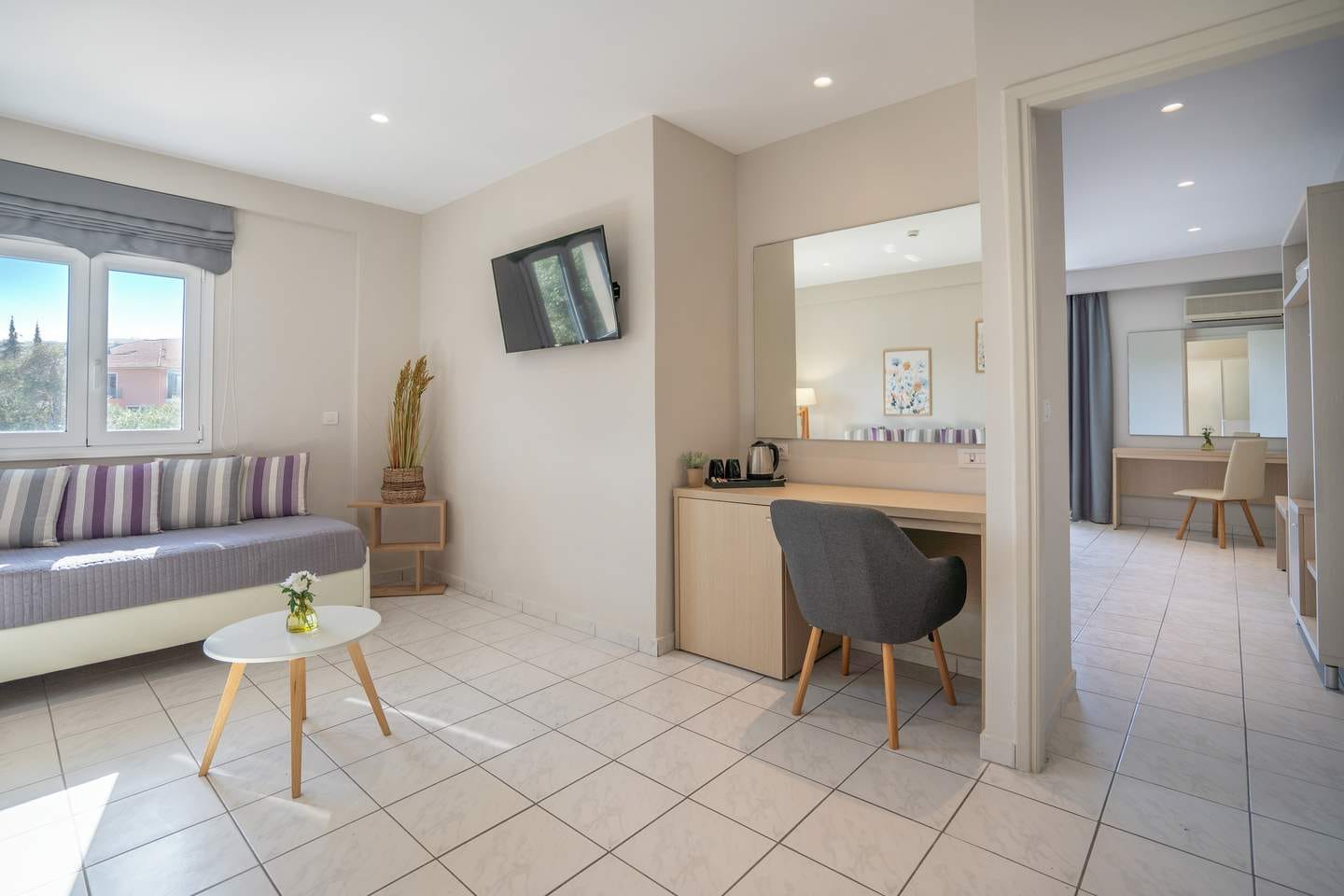 a room with a couch and a table