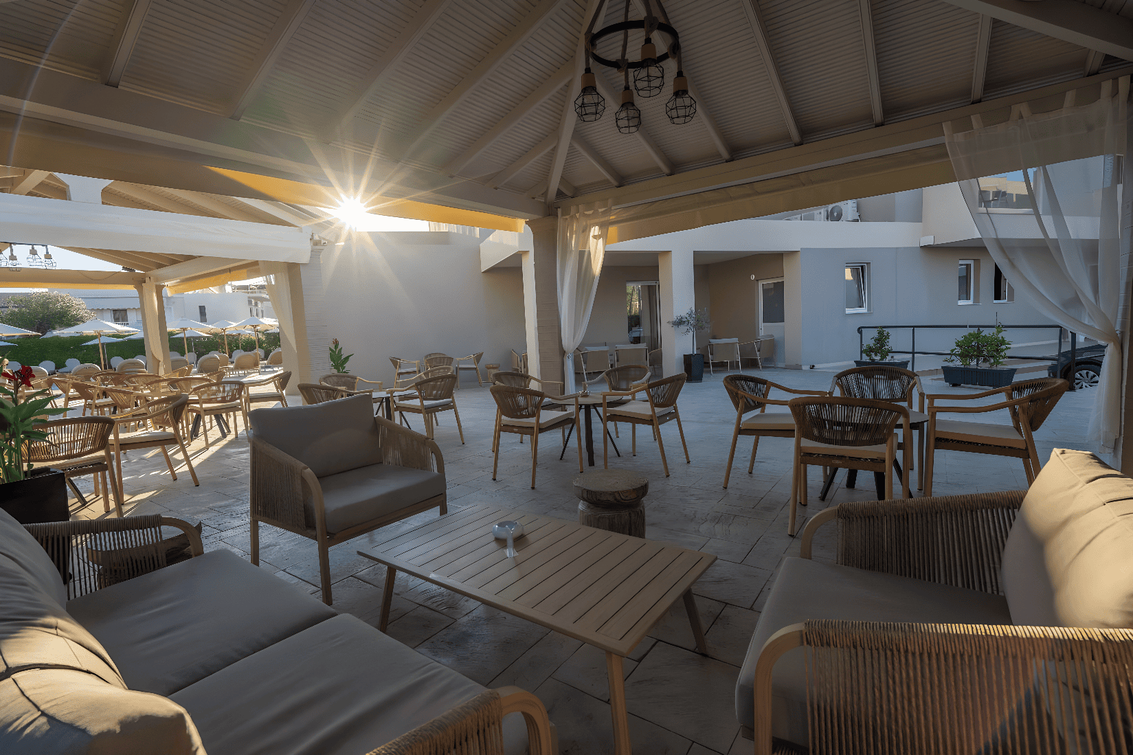 a room with tables and chairs