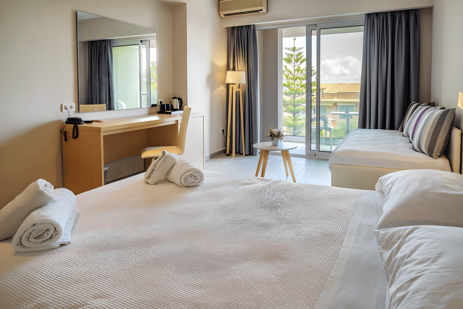 a hotel room with a large bed