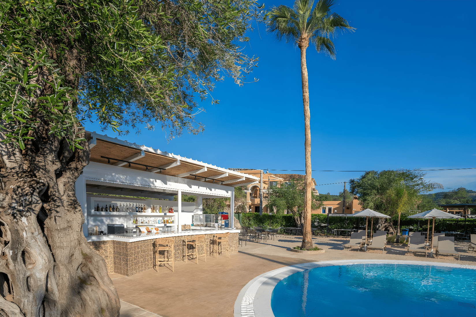 a pool next to a building