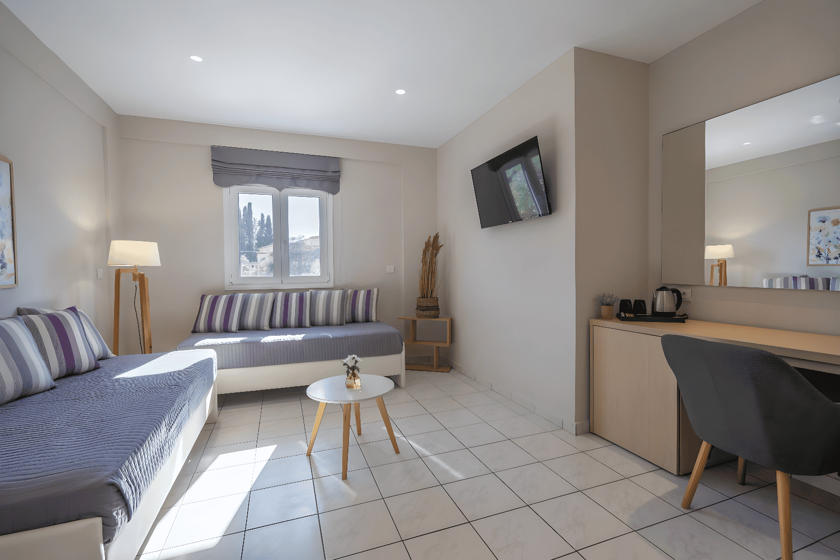 a living room with a couch and a table