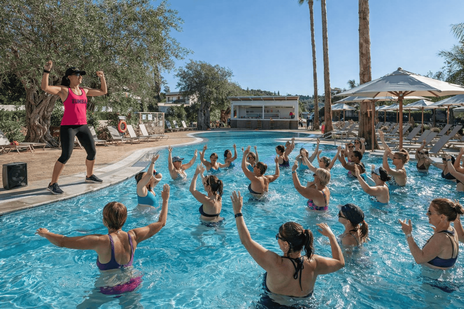 a group of people in a pool