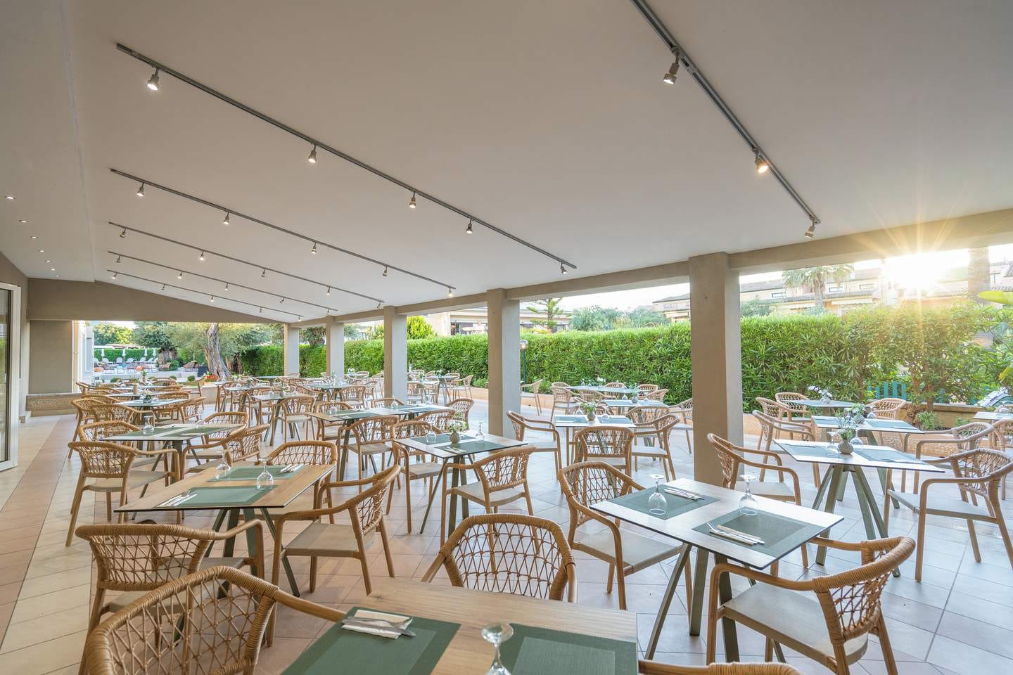a room with tables and chairs