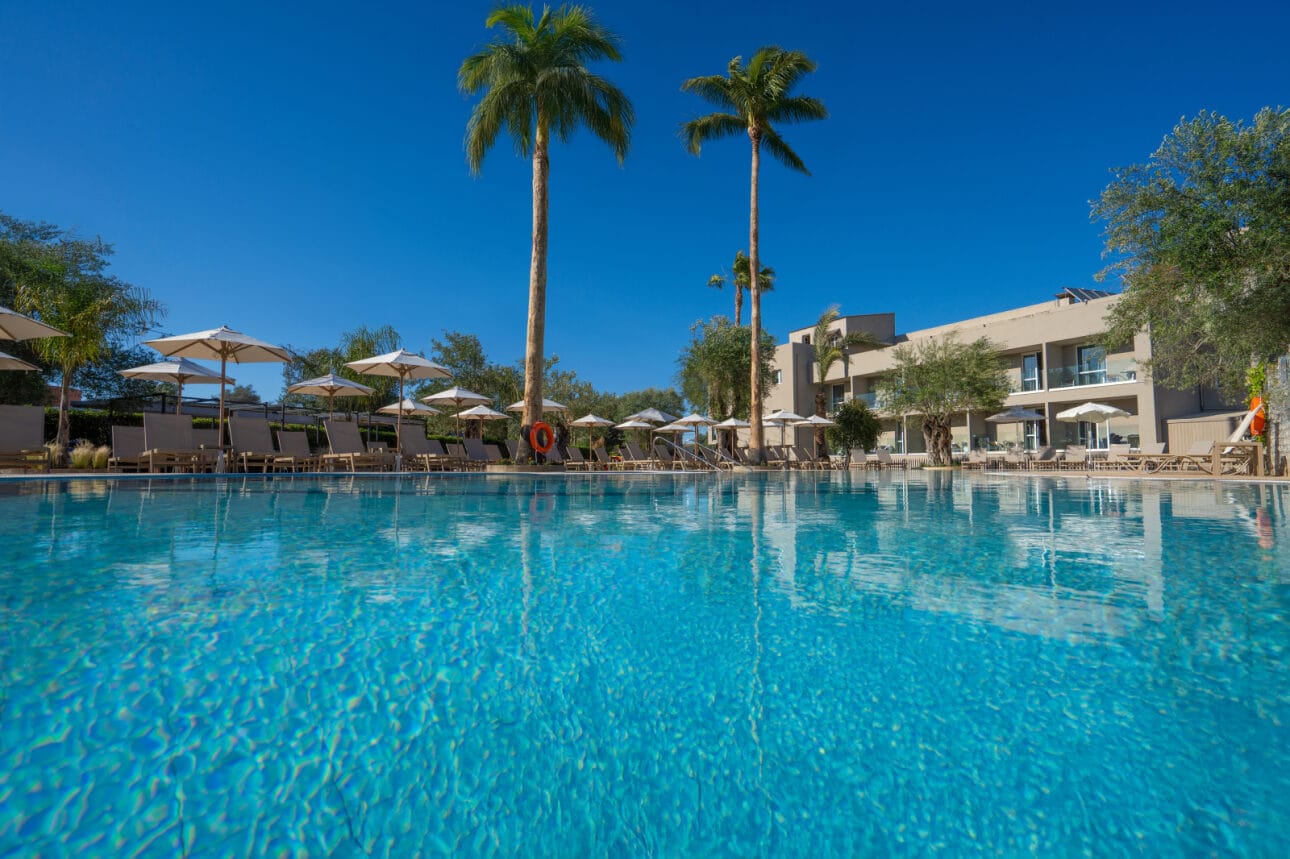 a pool with palm trees and umbrellas