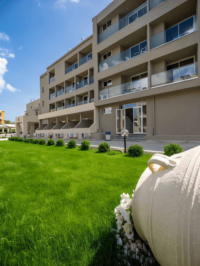 a building with a lawn in front