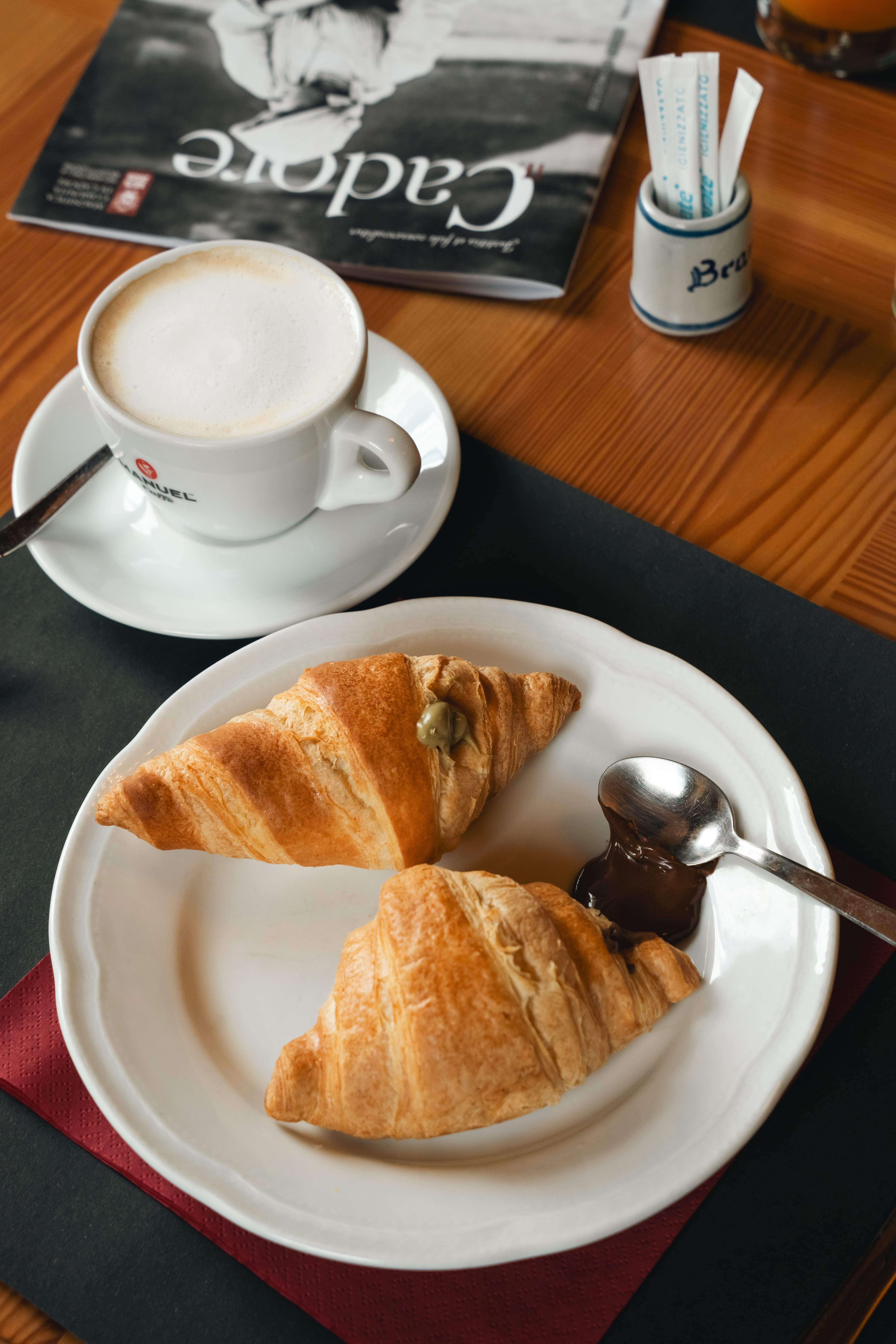 a plate of croissants and a cup of coffee