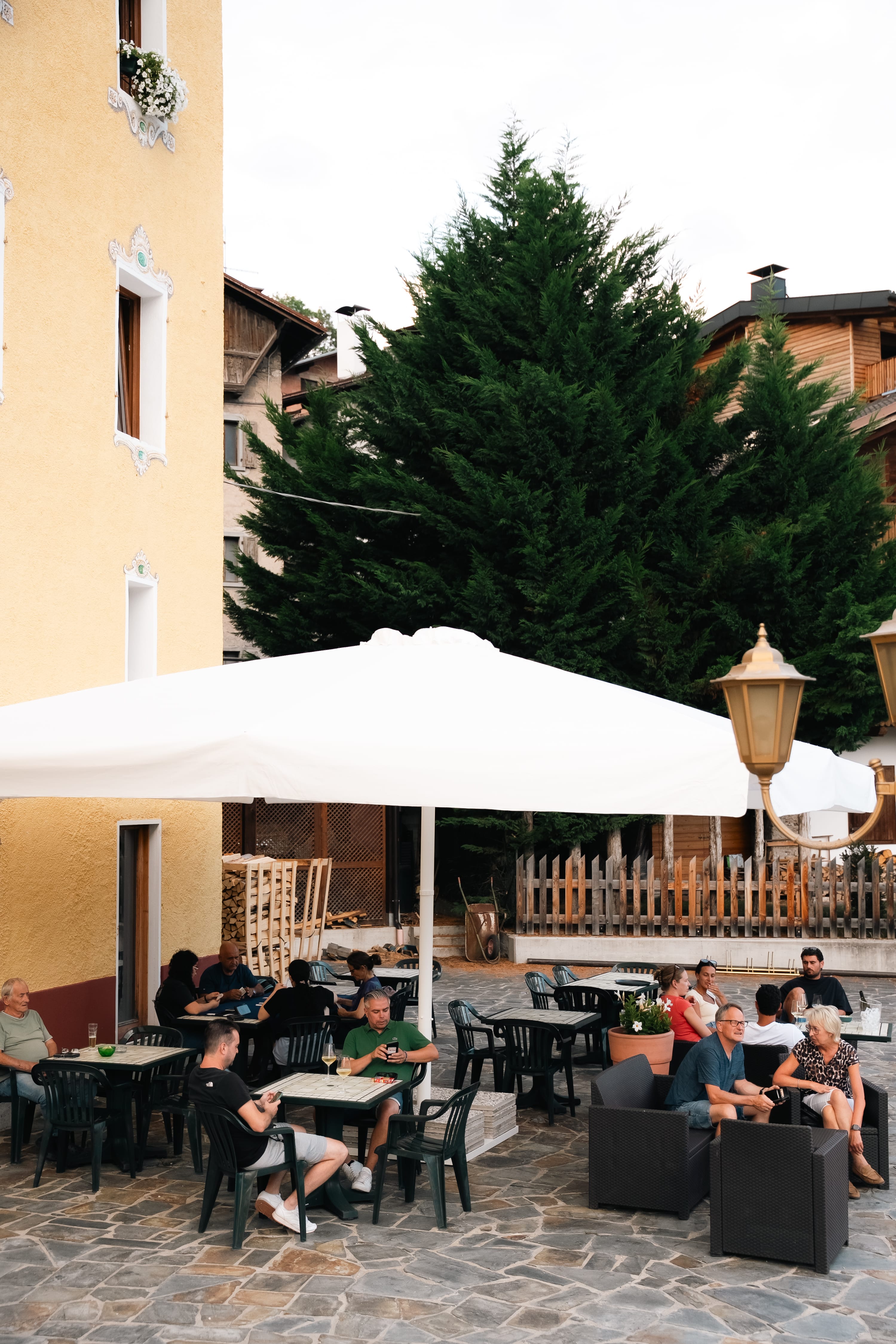 a group of people sitting outside a restaurant