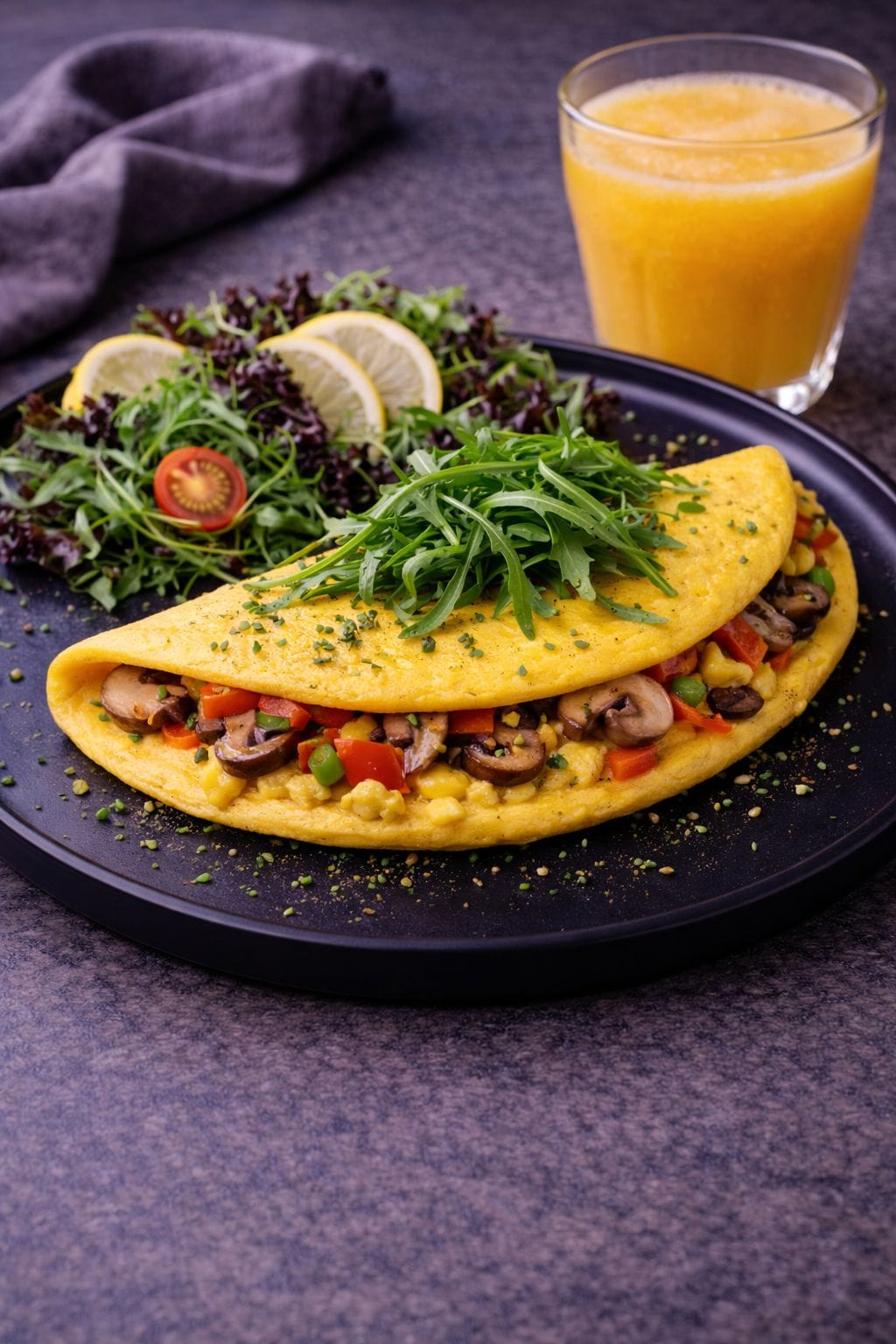 a plate of tacos and a glass of orange juice