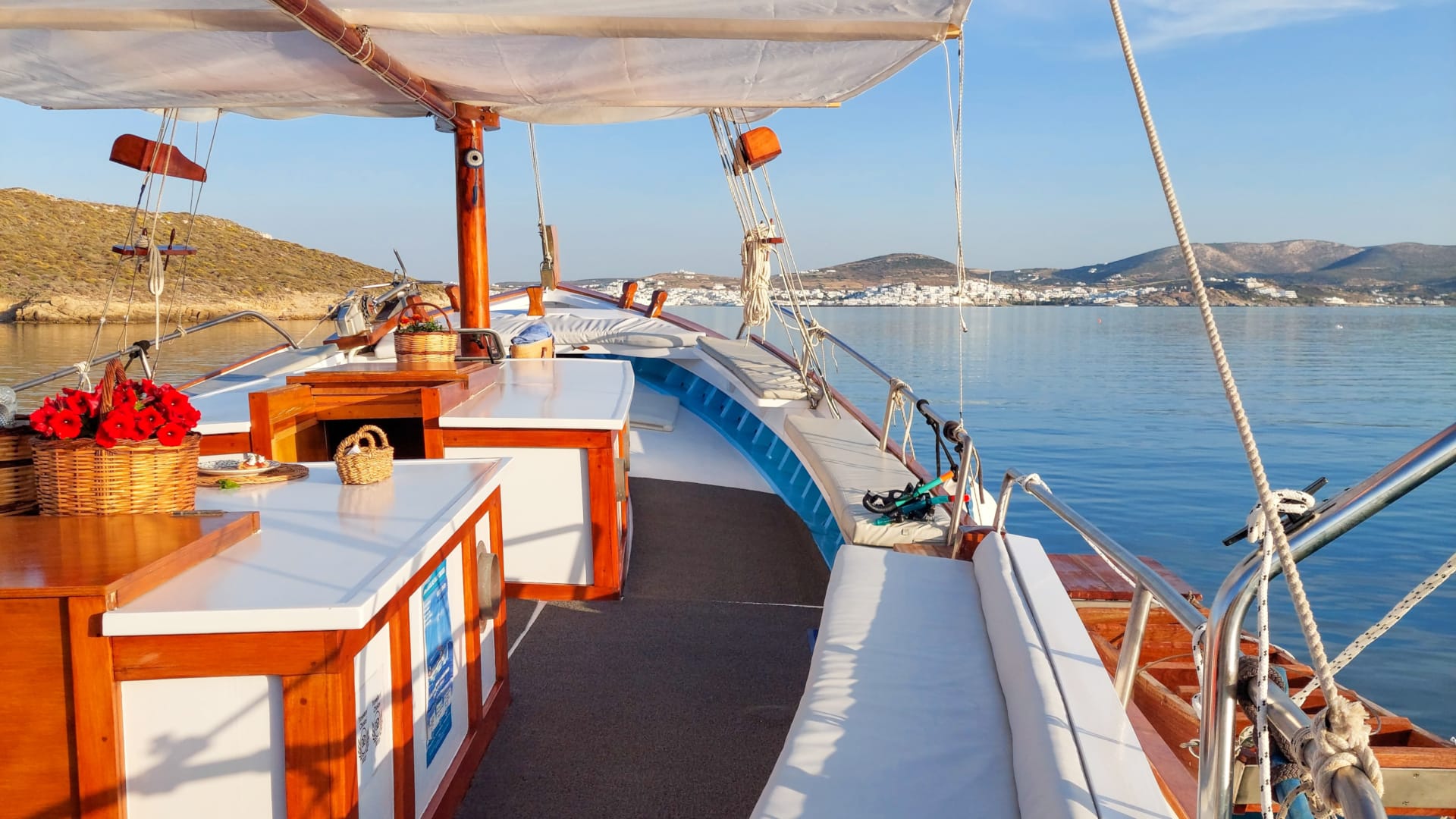 Boat deck ready for sunset dinner cruise in Paros