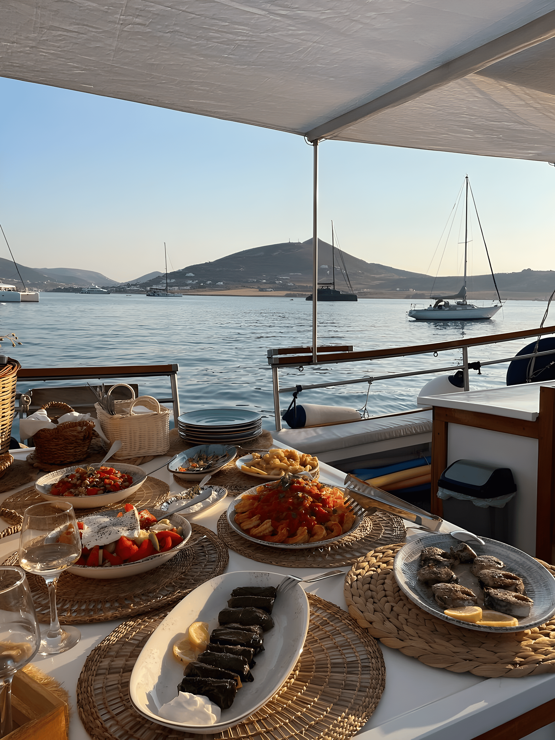 a table with food on it by a body of water