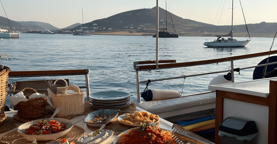 a table with food on it by a body of water