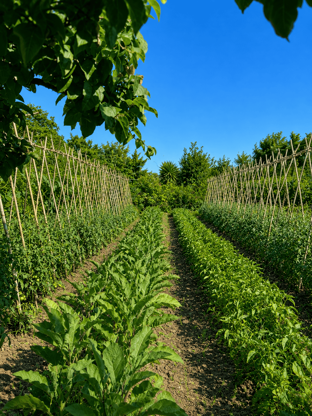 a rows of plants in a garden