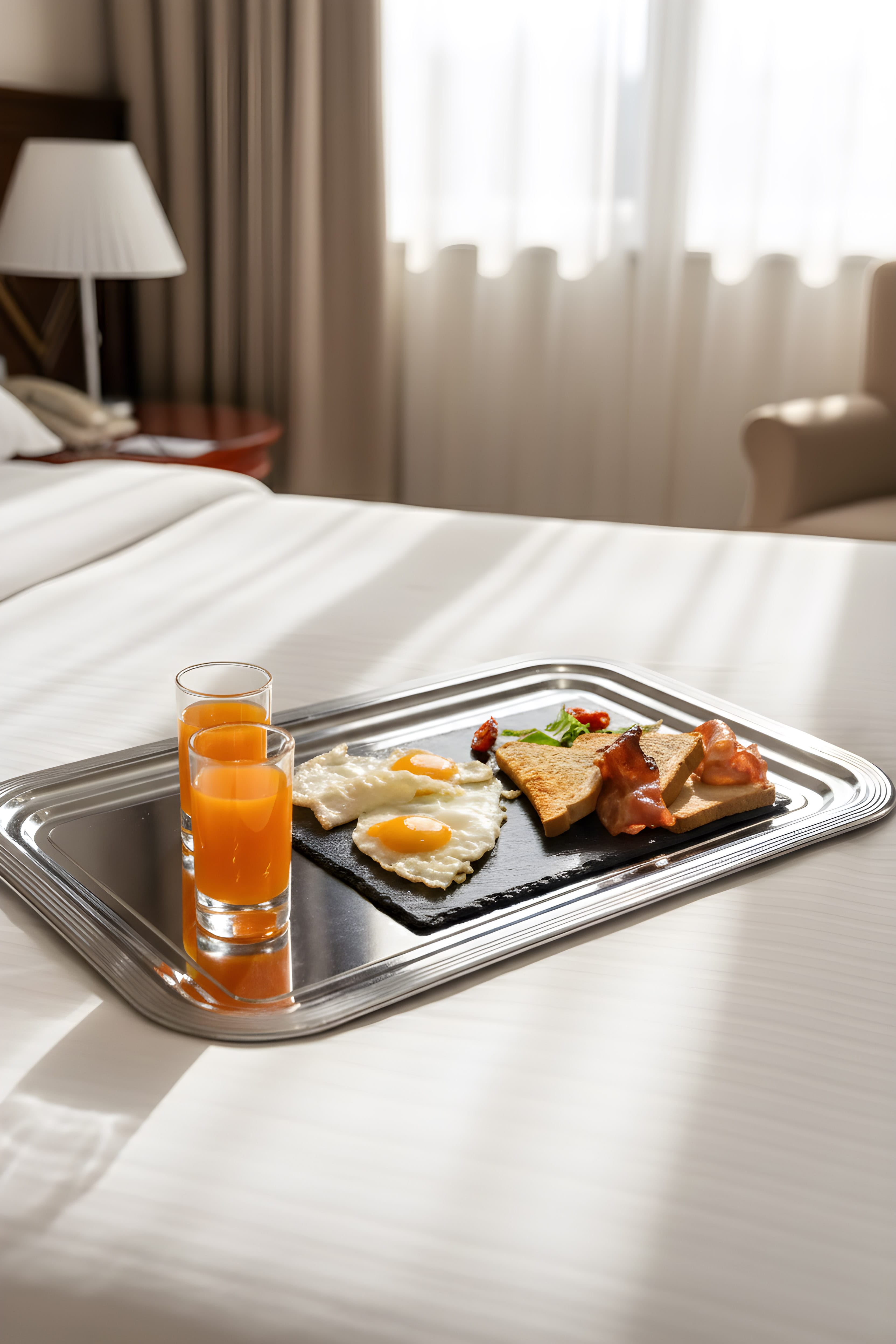 a tray of food and a glass of juice on a table