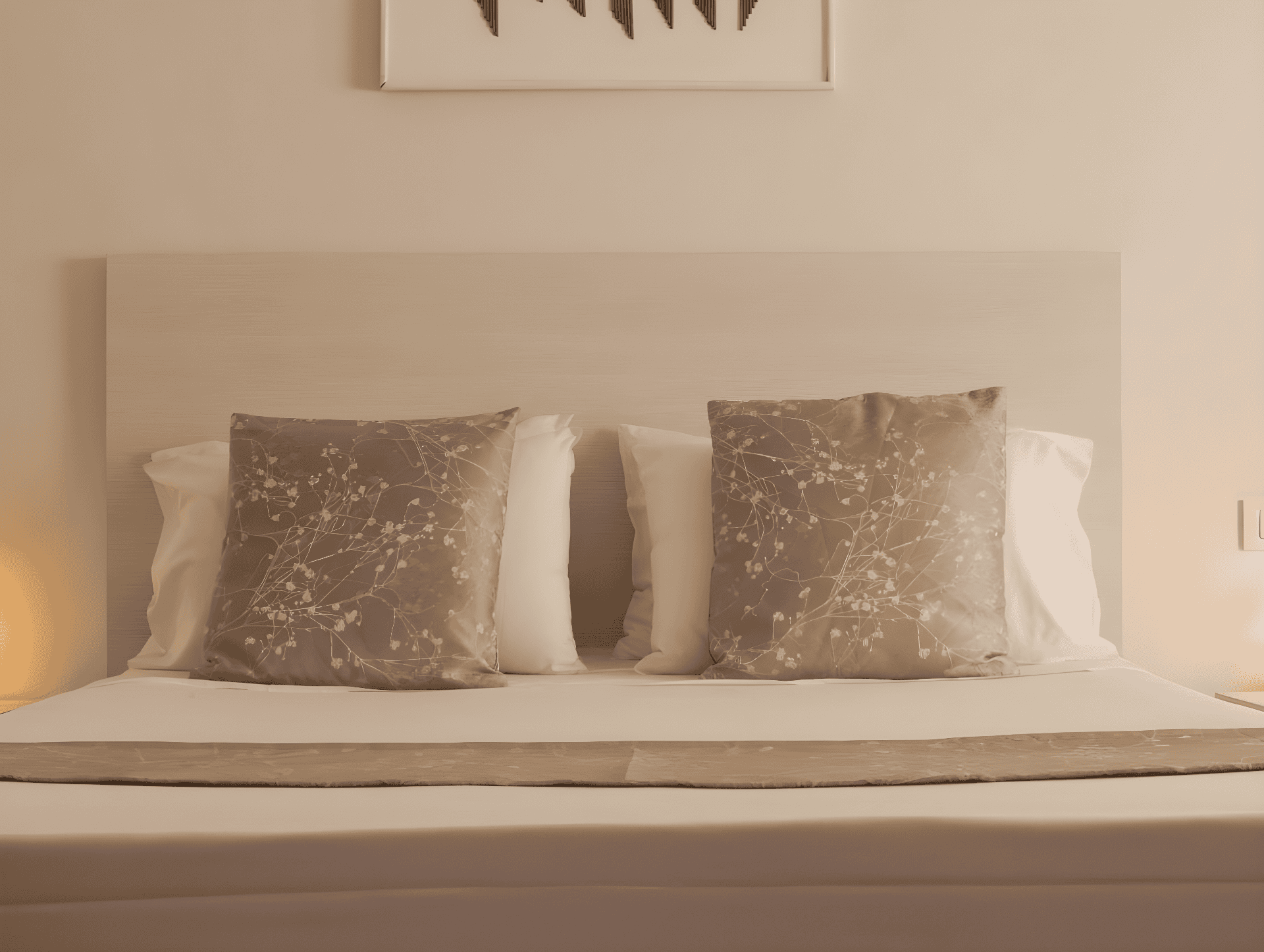 a bedroom with a large mirror