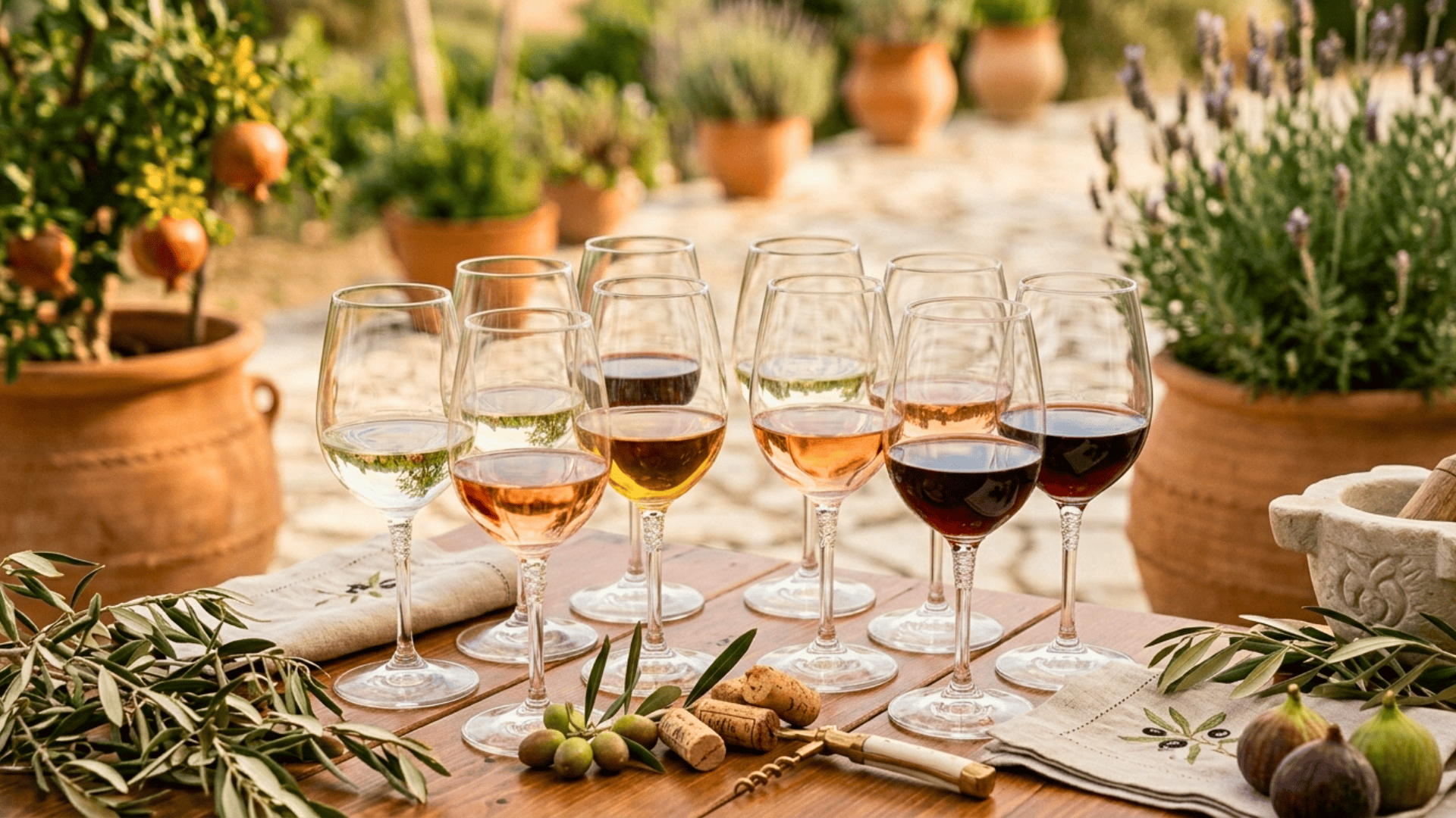 a group of wine glasses on a table