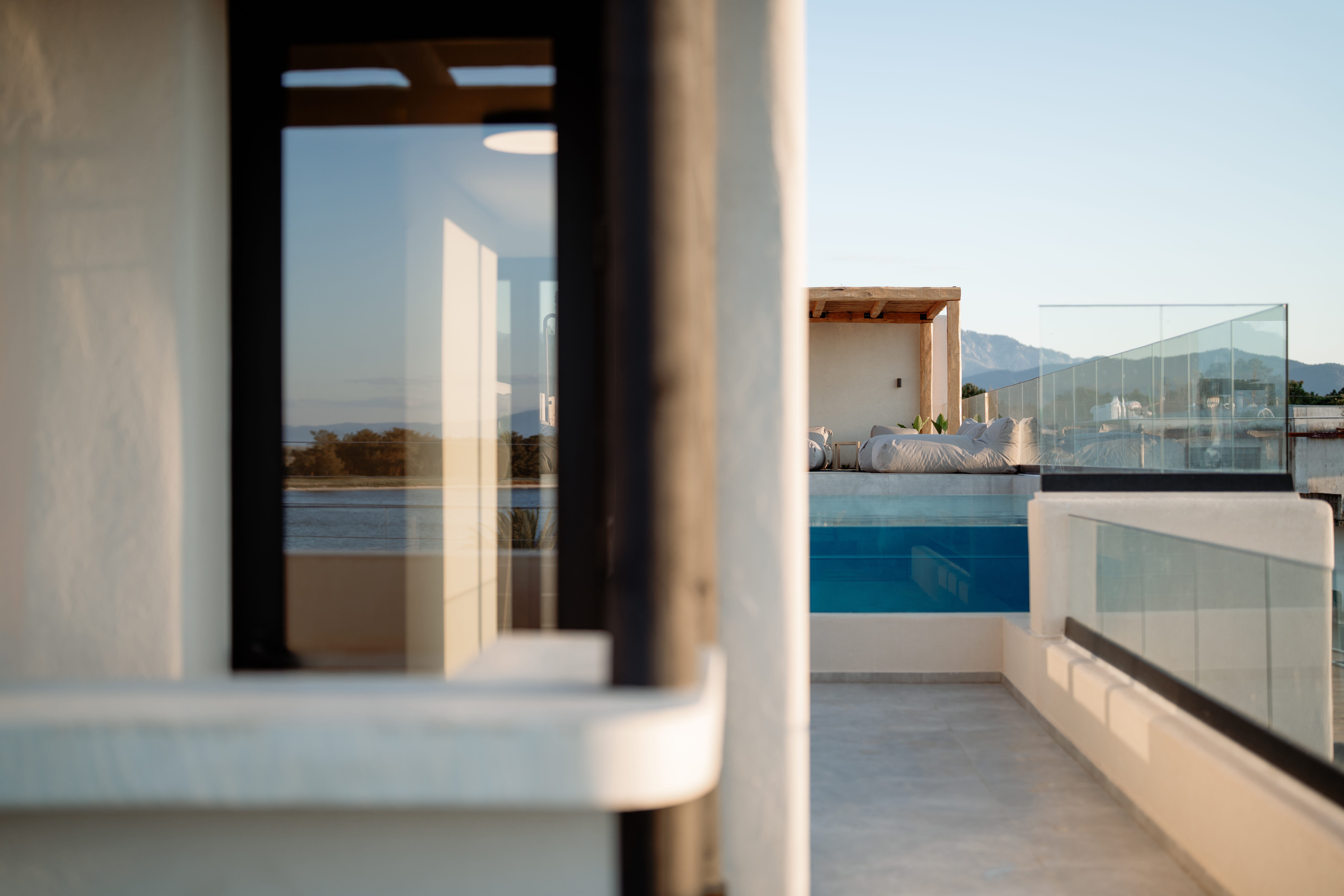 a view of a pool from a window