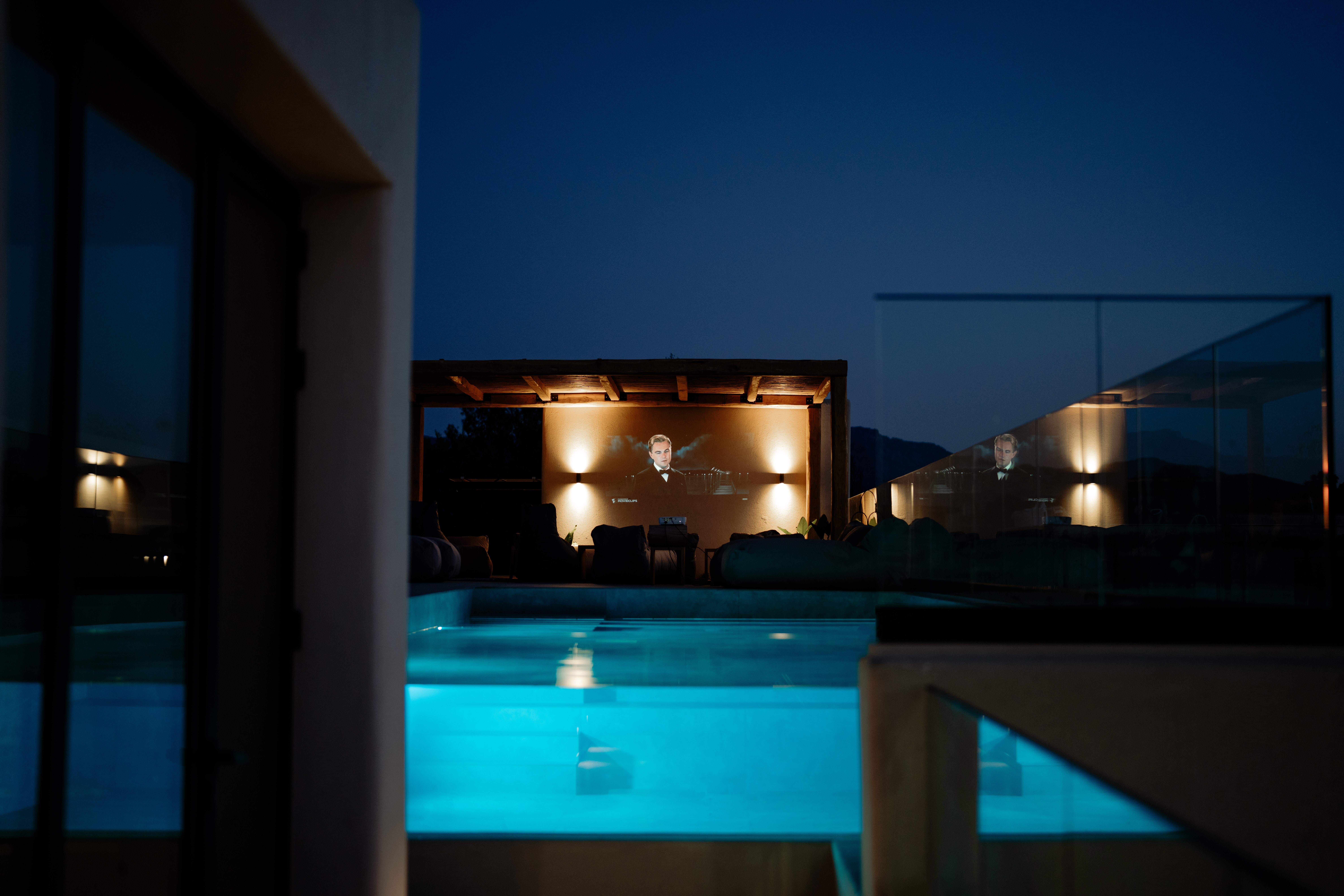 a pool with a building in the background