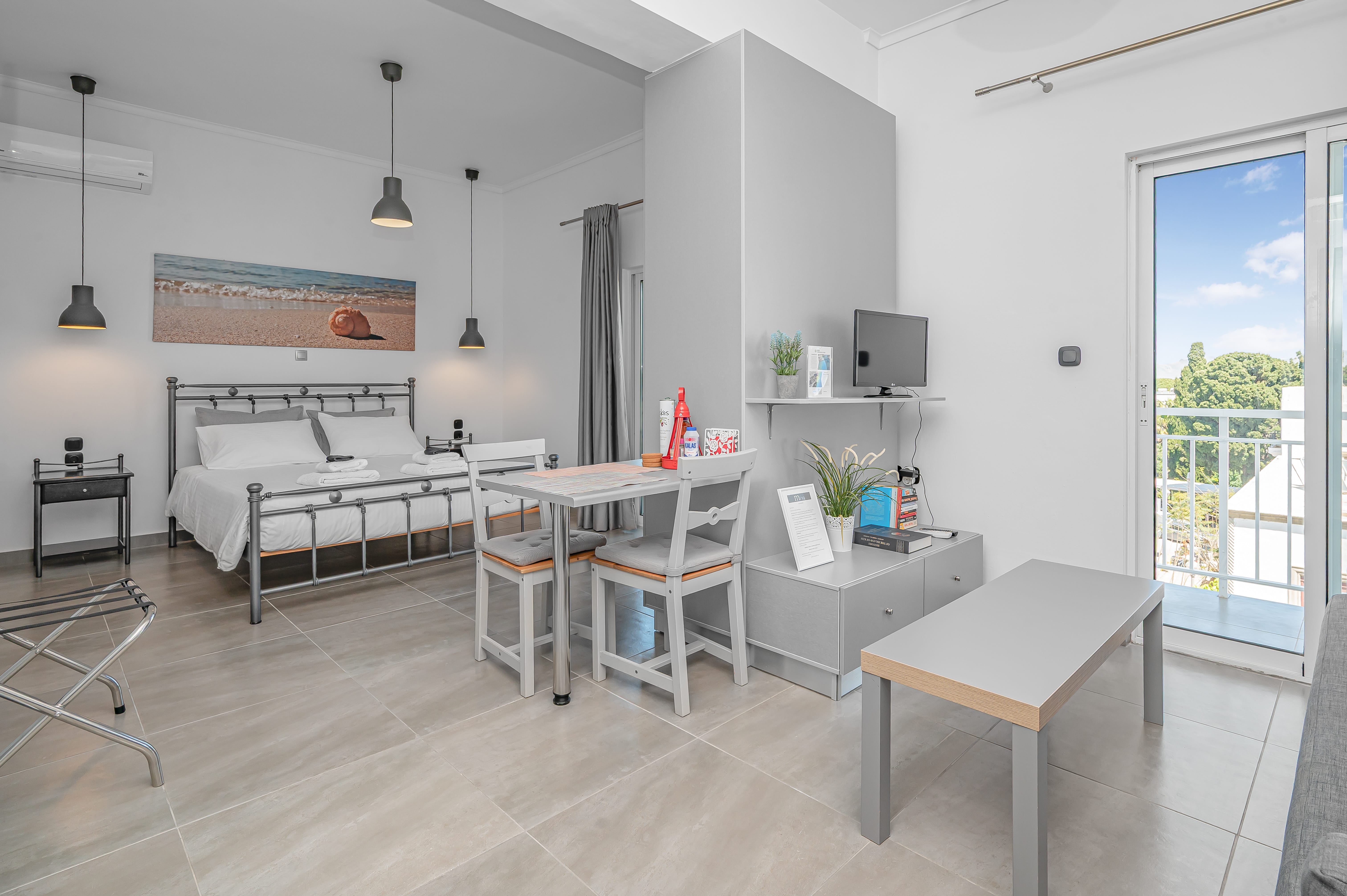 a room with a bed and a table