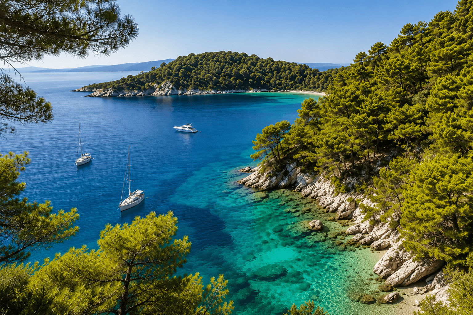 a body of water with boats in it and trees around it