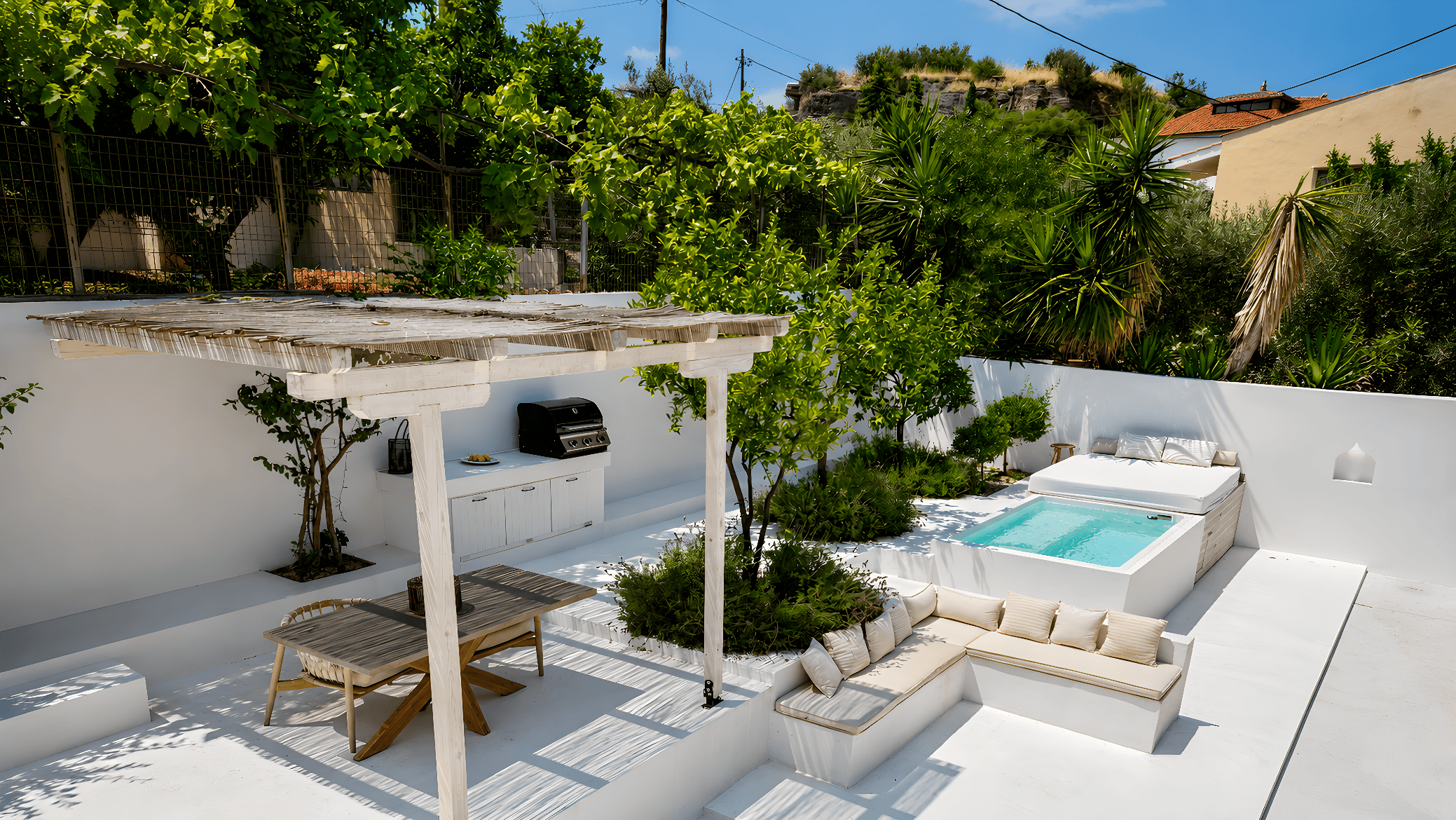 a patio with a pool and a bench