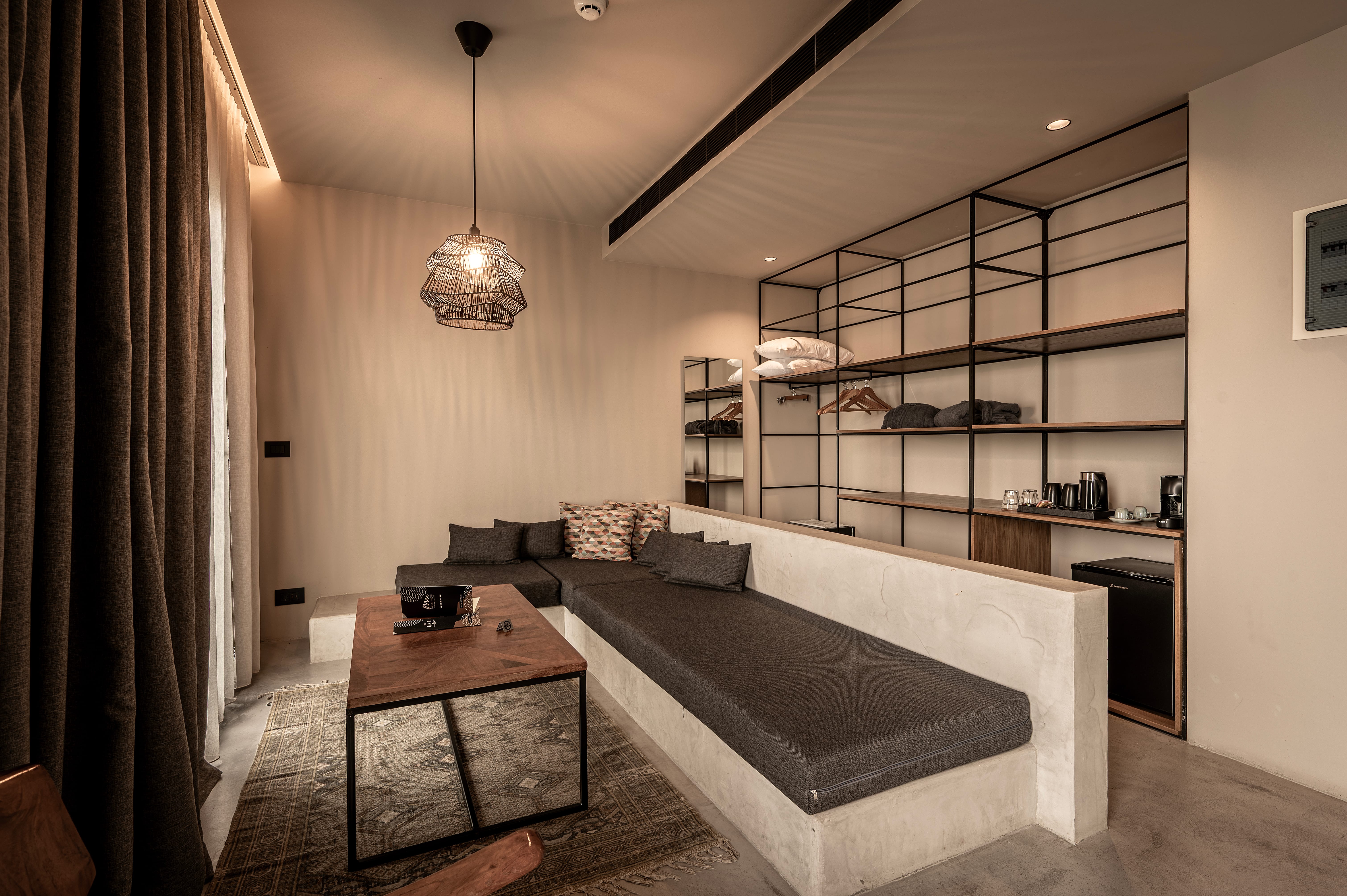a room with a bed and a table