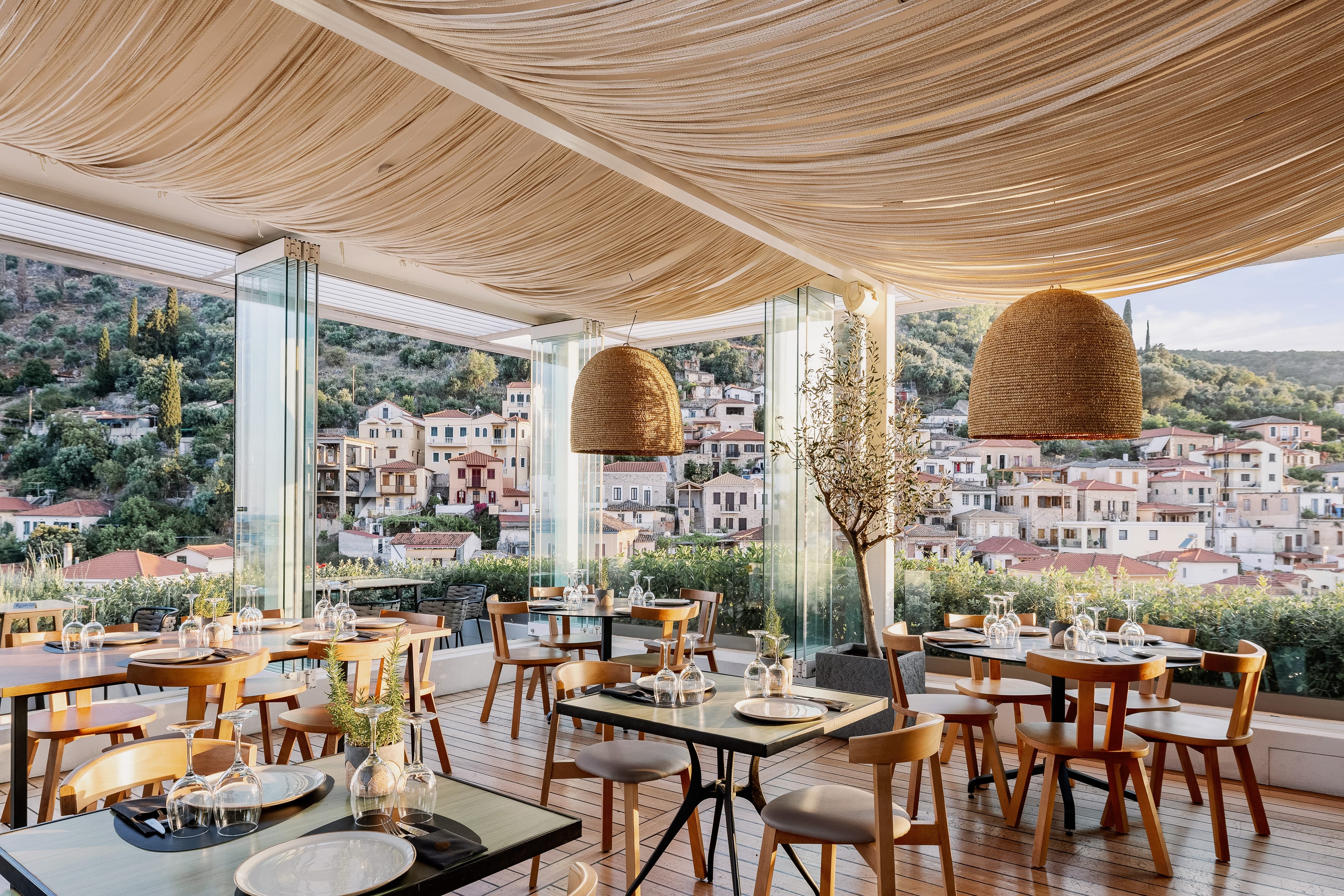 a room with tables and chairs