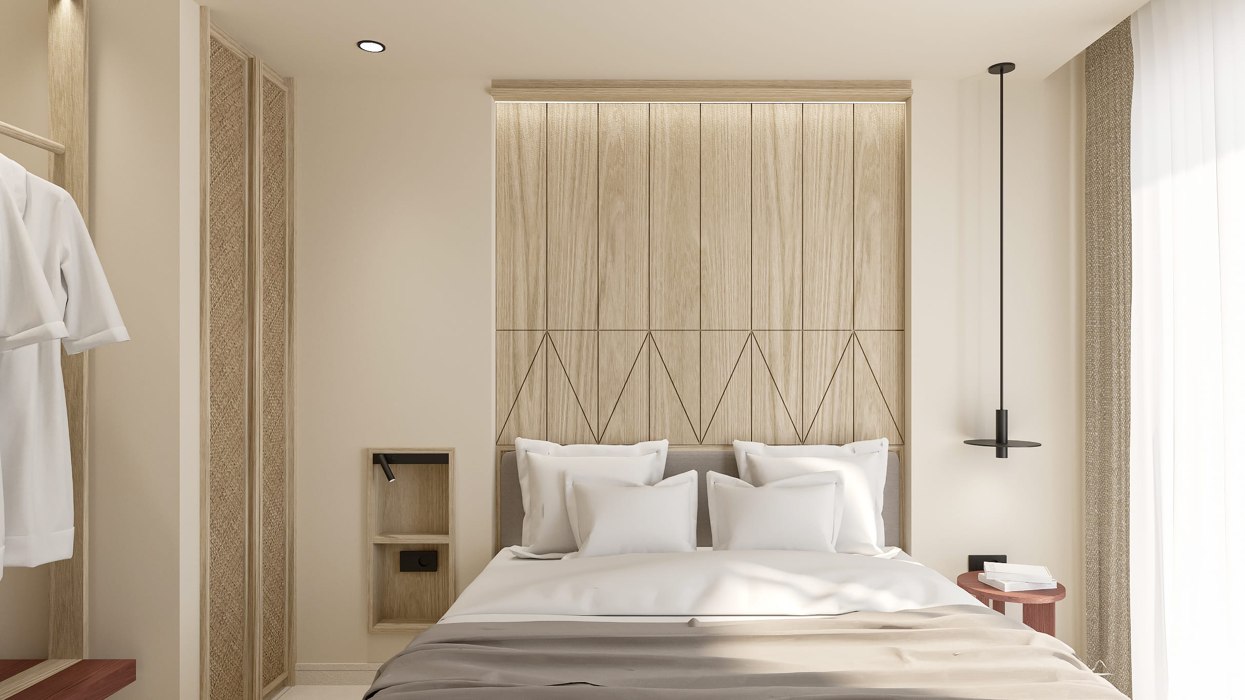 a bed with a white bed spread