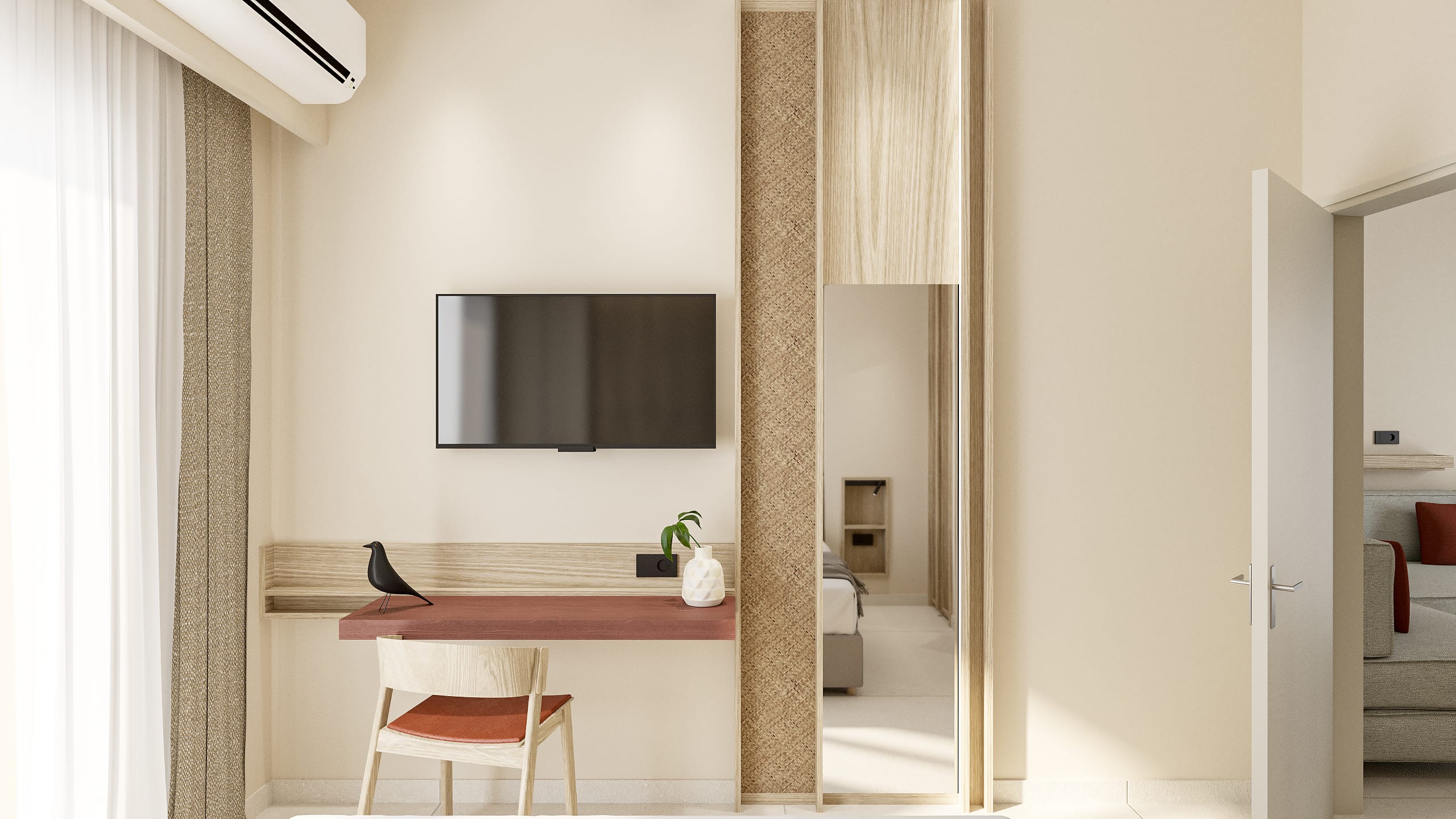 a room with a desk and chair