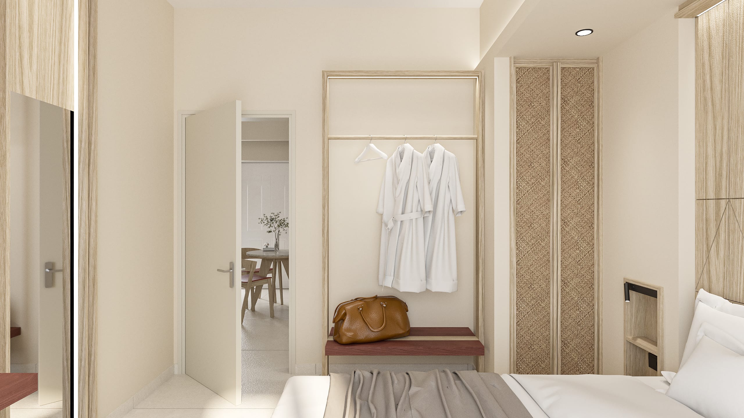a bedroom with a bed and a mirror