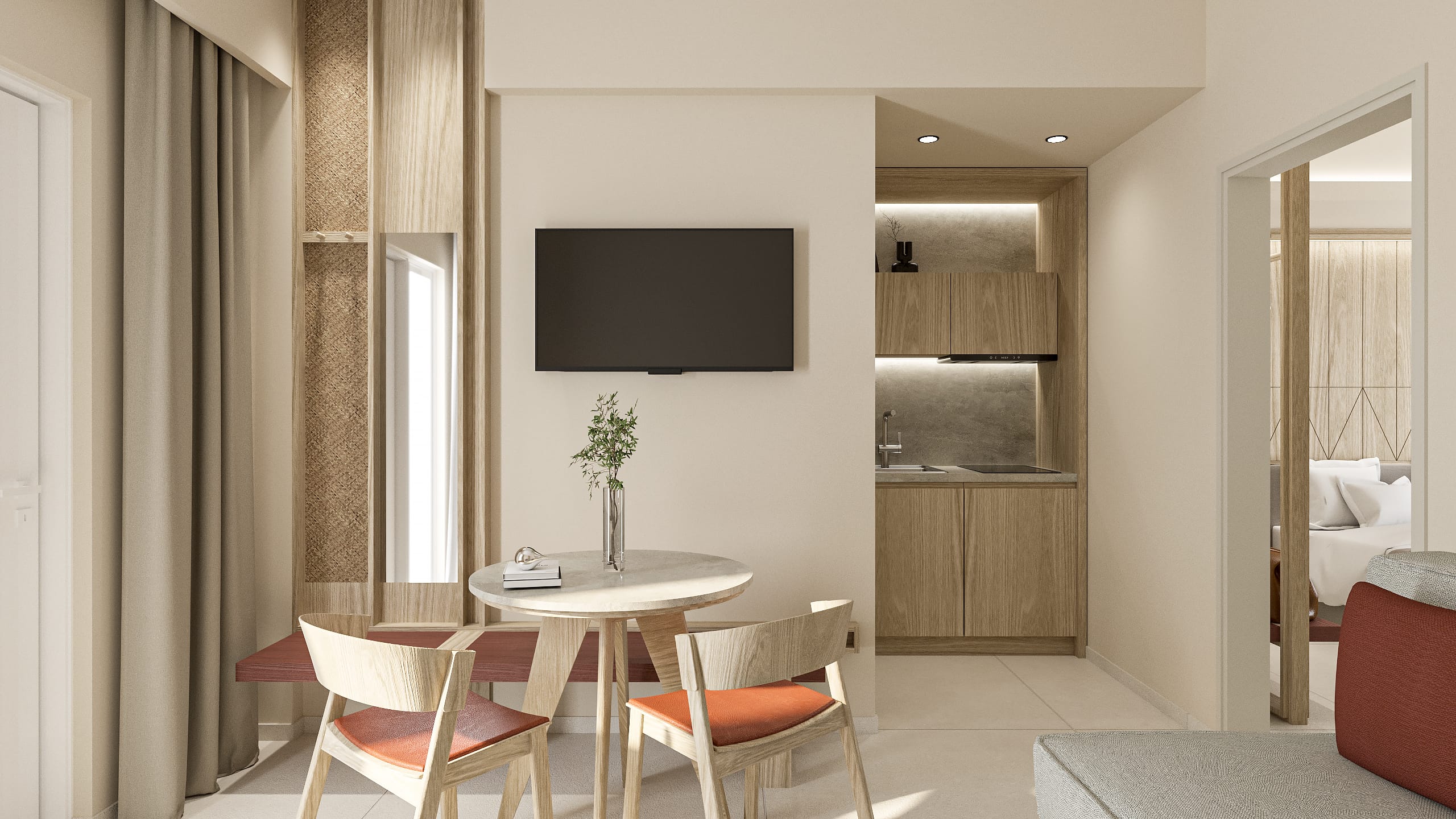 a room with a table and chairs