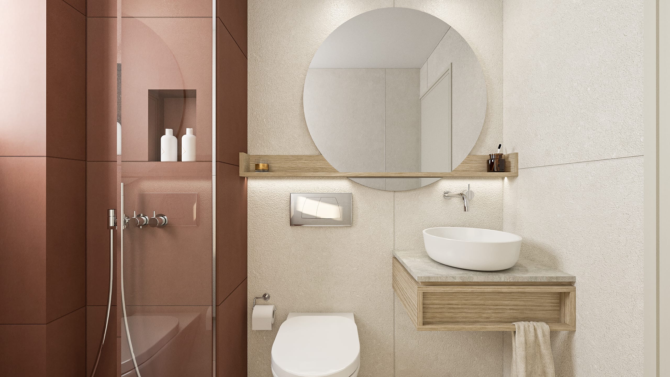 a bathroom with a round mirror