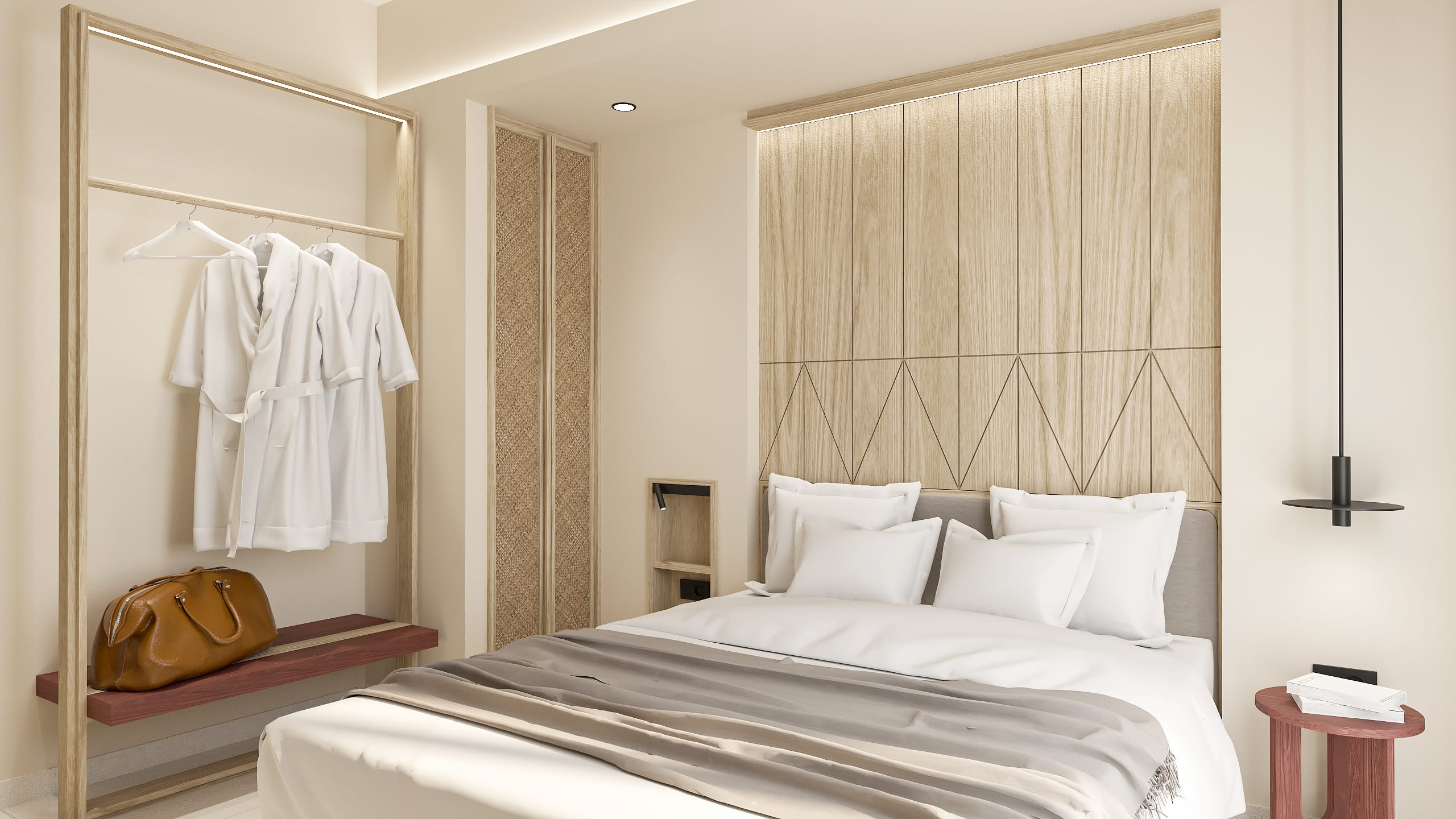 a bedroom with a bed and a mirror