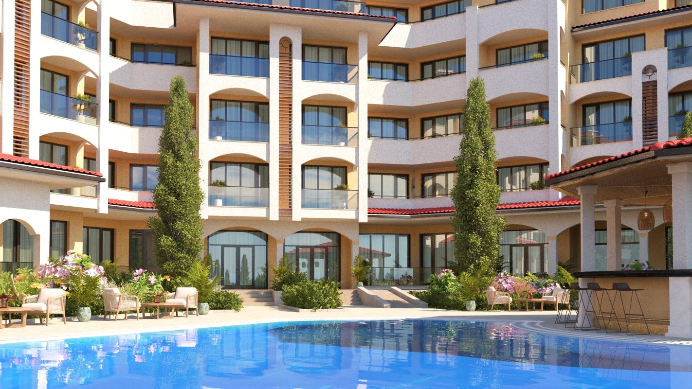 a swimming pool in front of a building