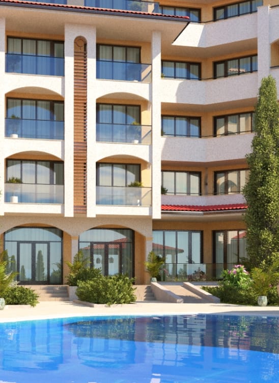 a swimming pool in front of a building