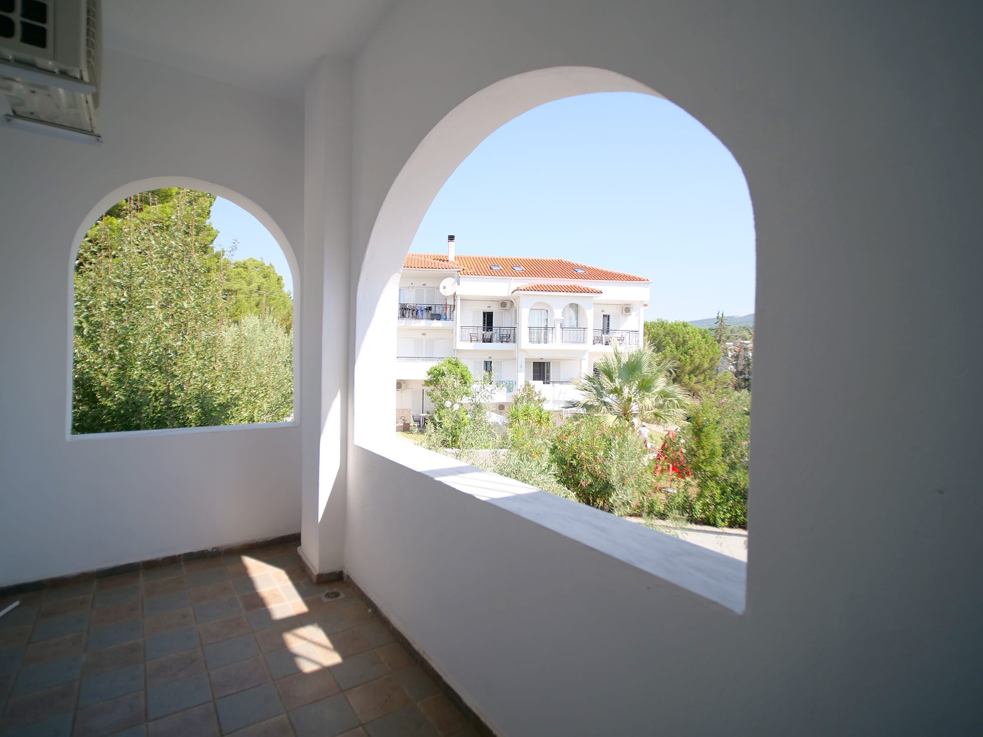 a view of a building through a window