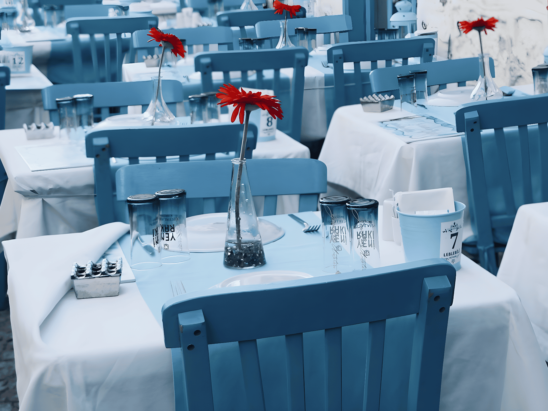 a table with chairs and flowers