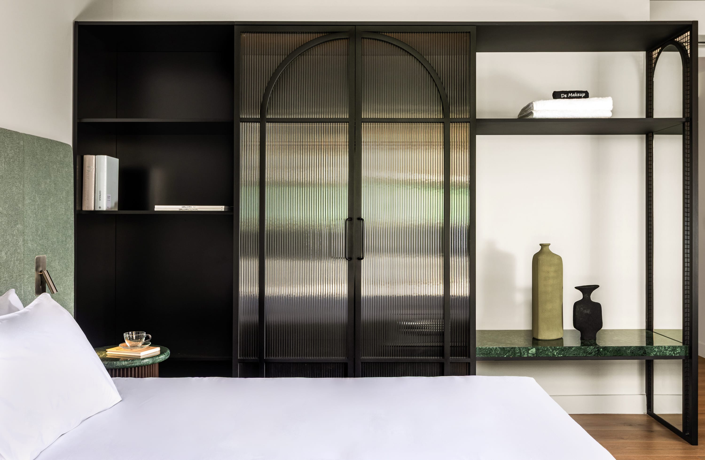a glass shower in a room