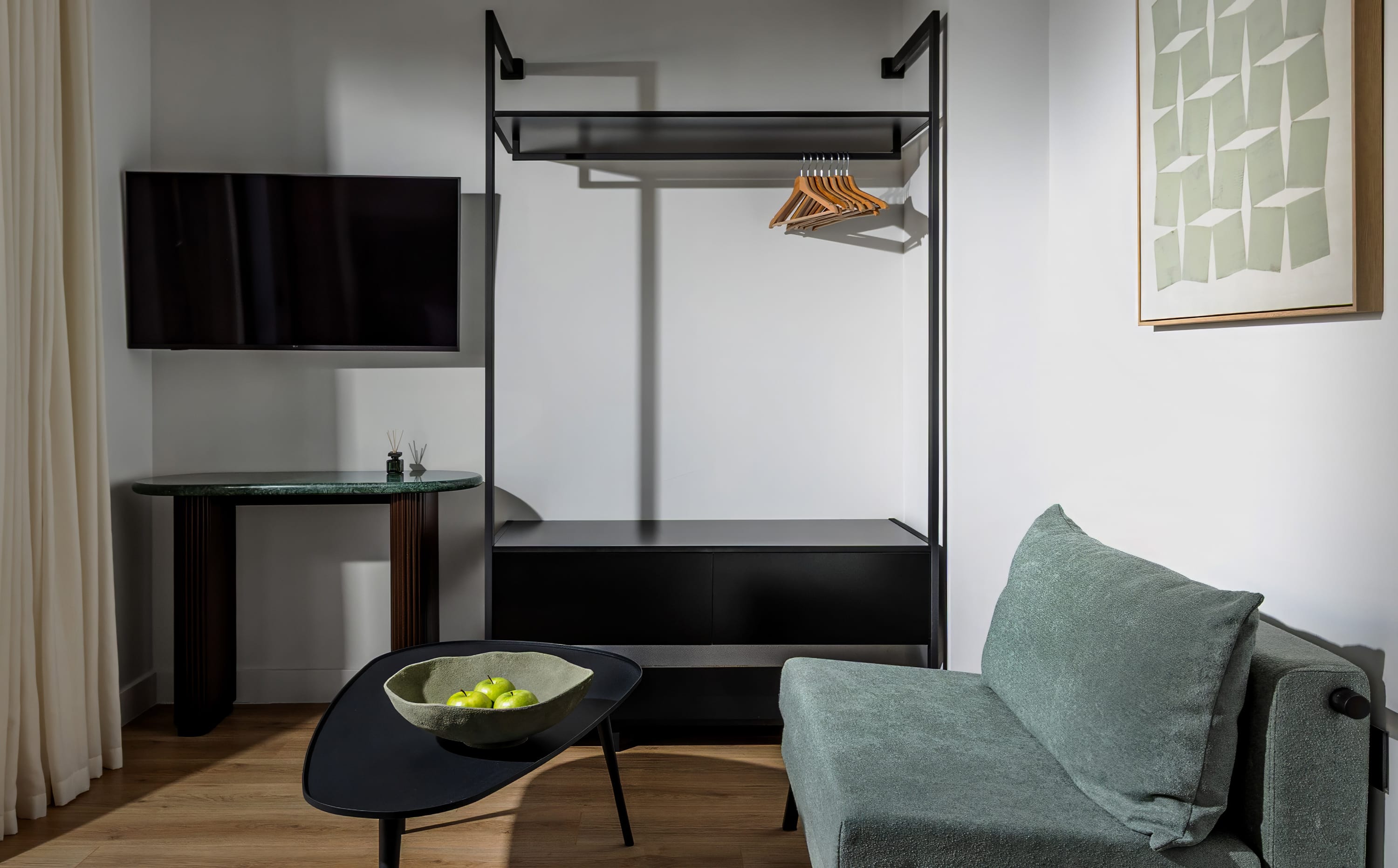 a living room with a couch and a table