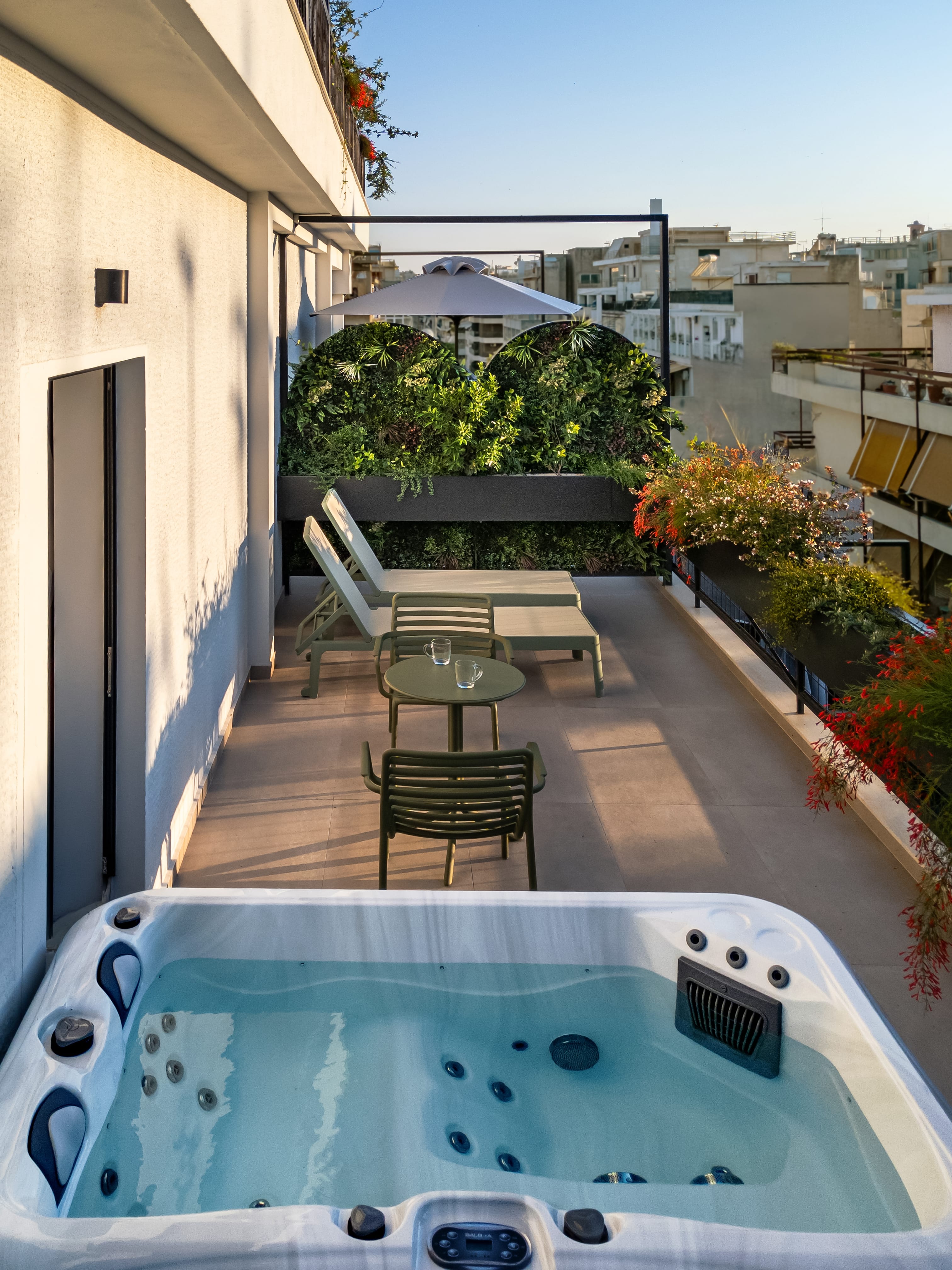 a hot tub on a balcony