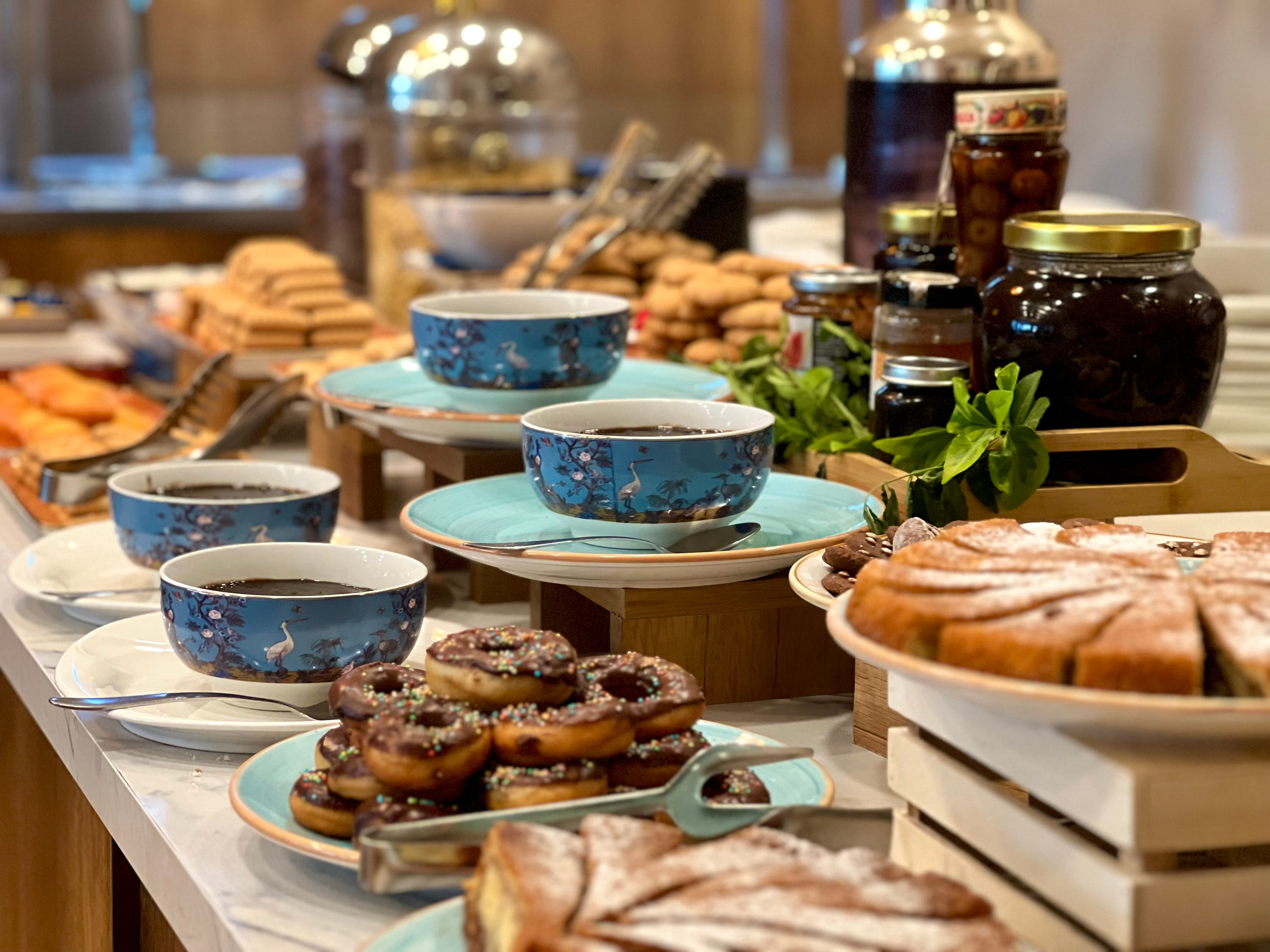a table is filled with food