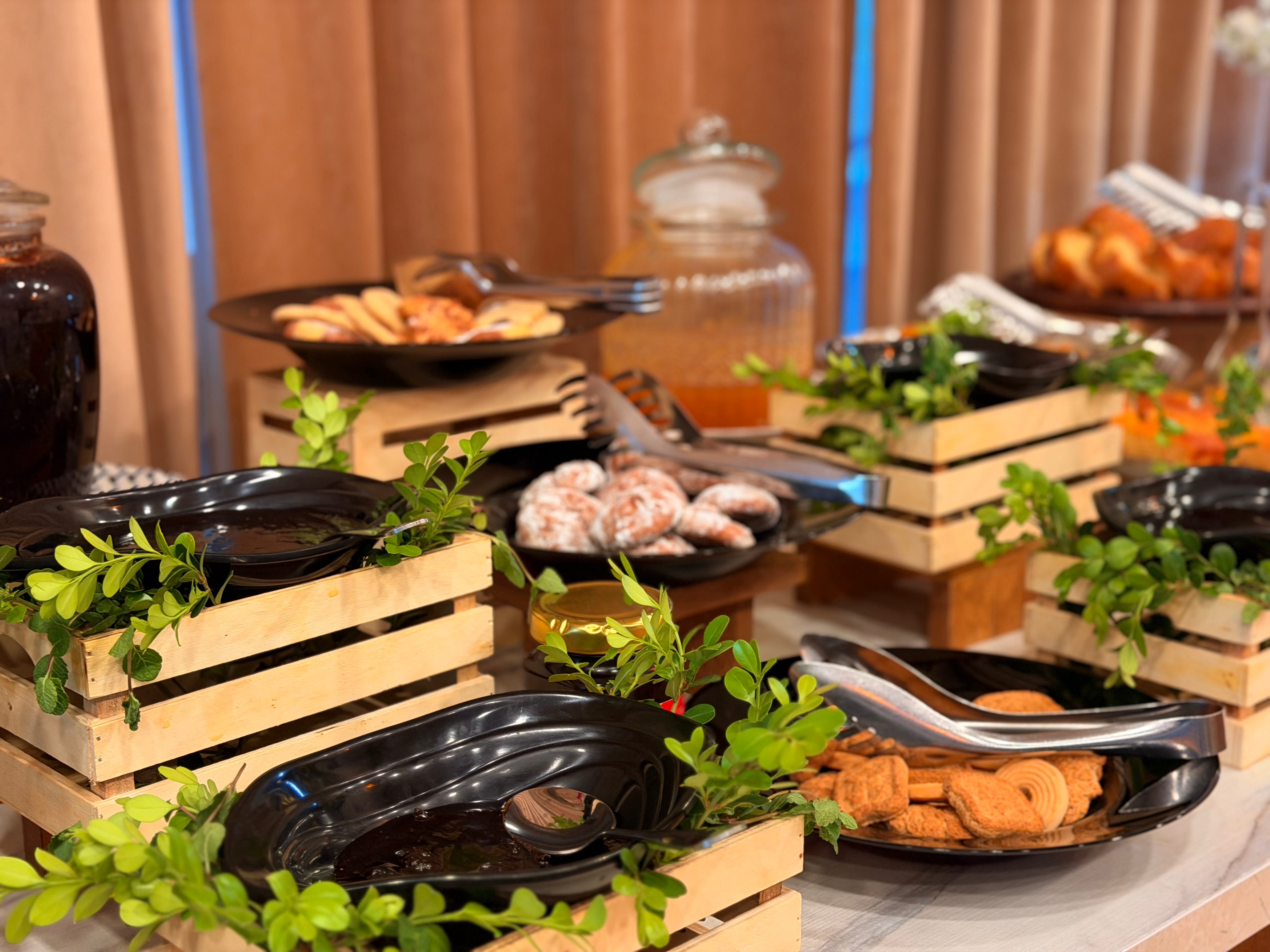 a table is filled with food