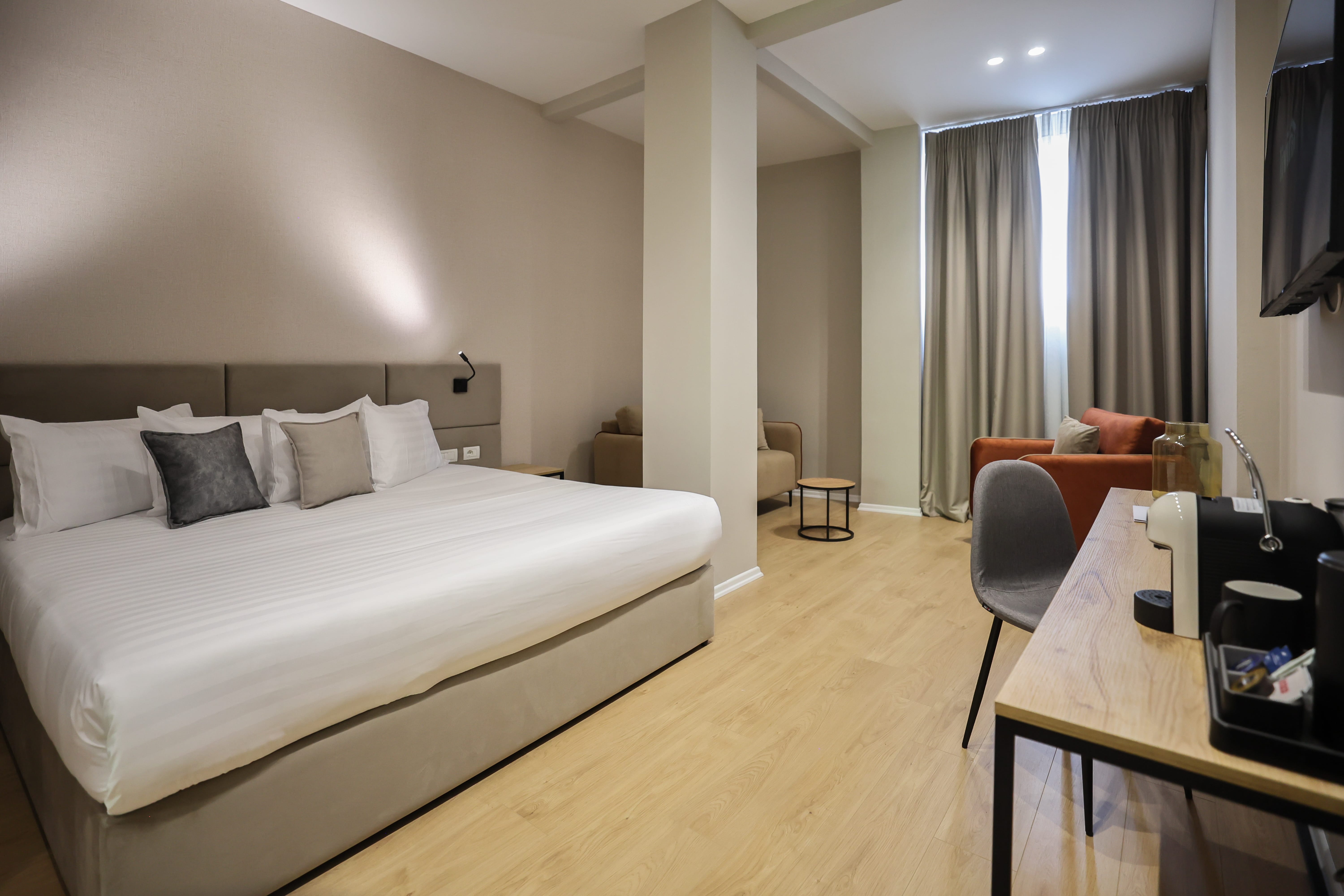 a room with a bed and a table