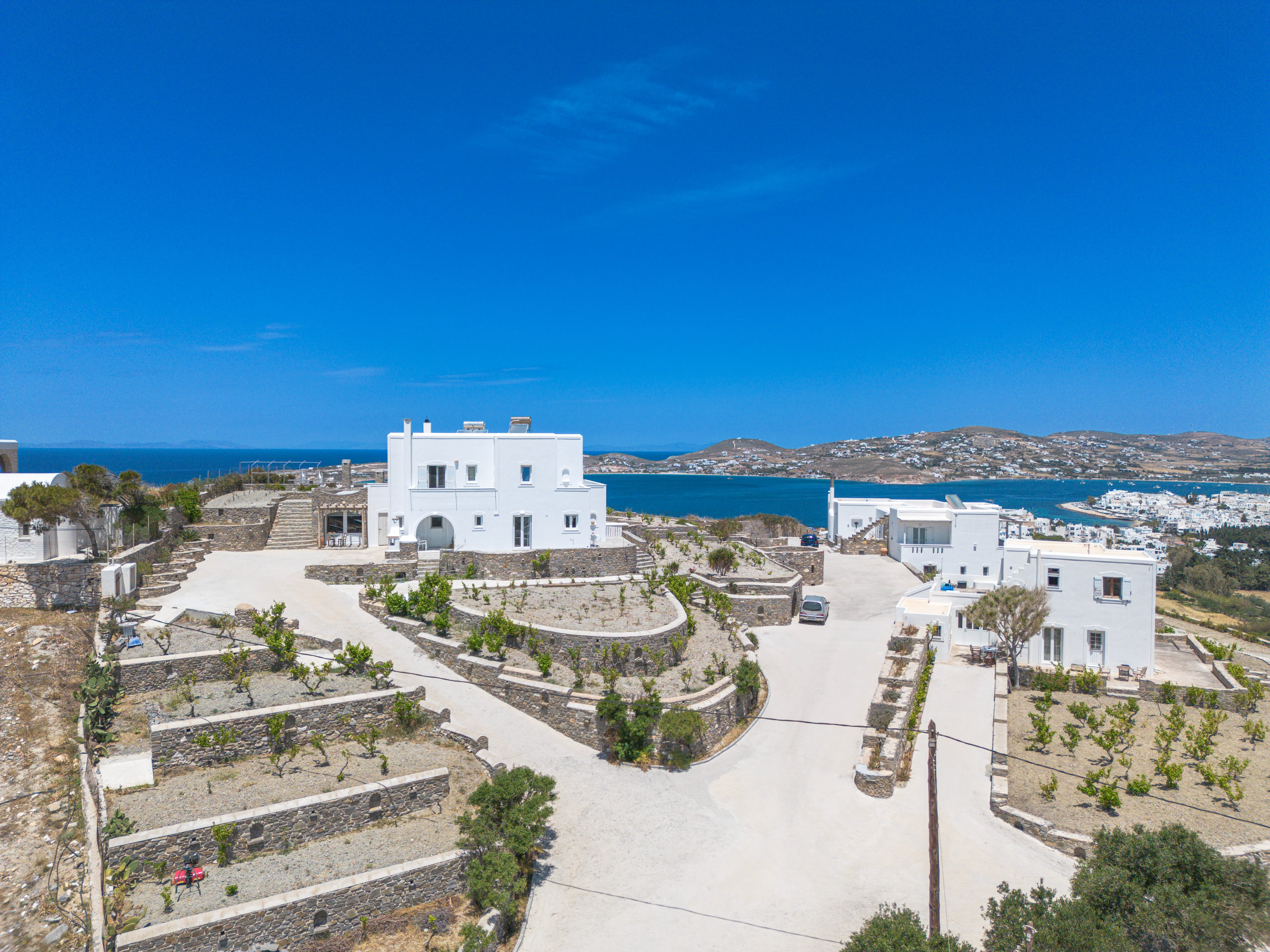 a city with white buildings