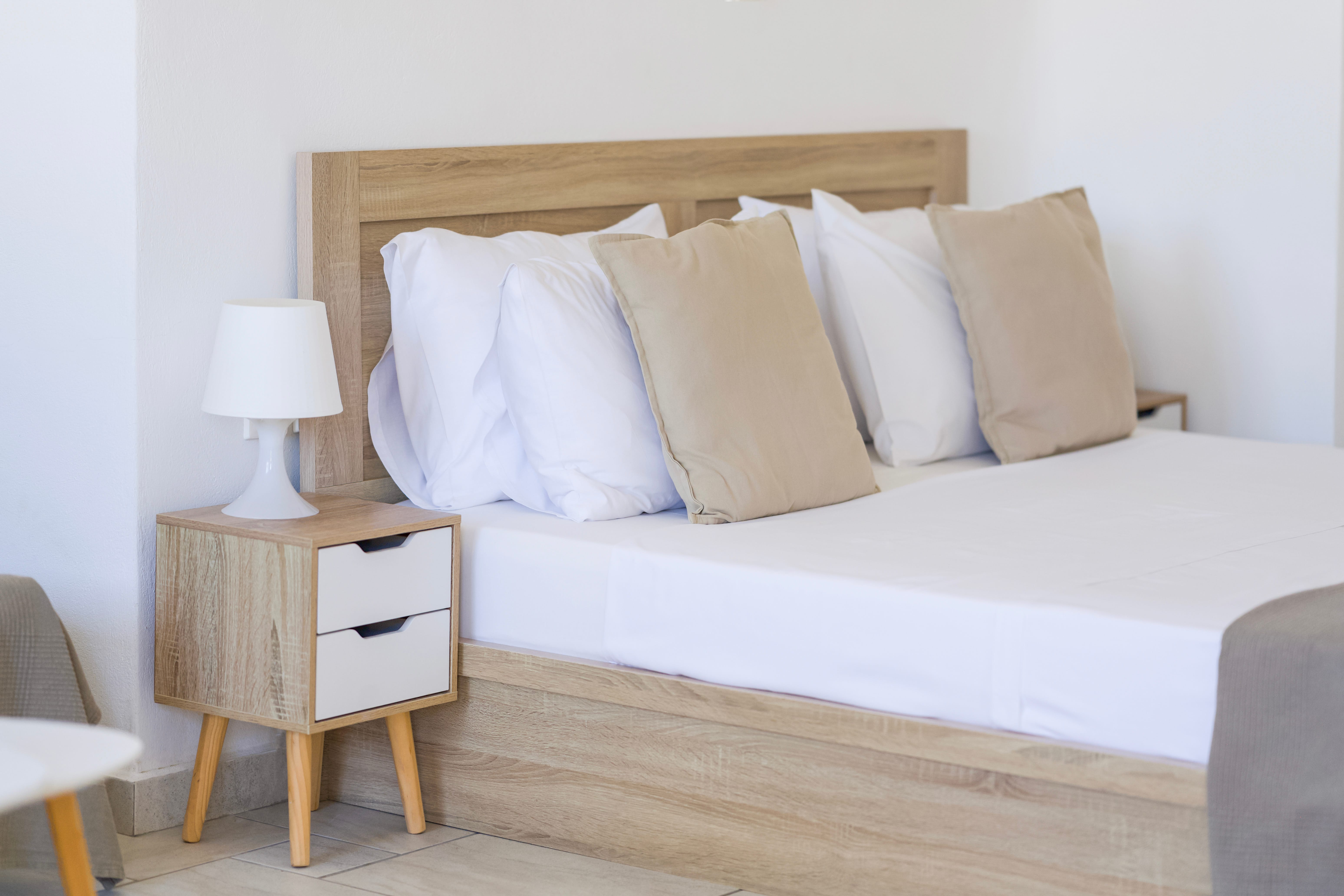a bed with pillows